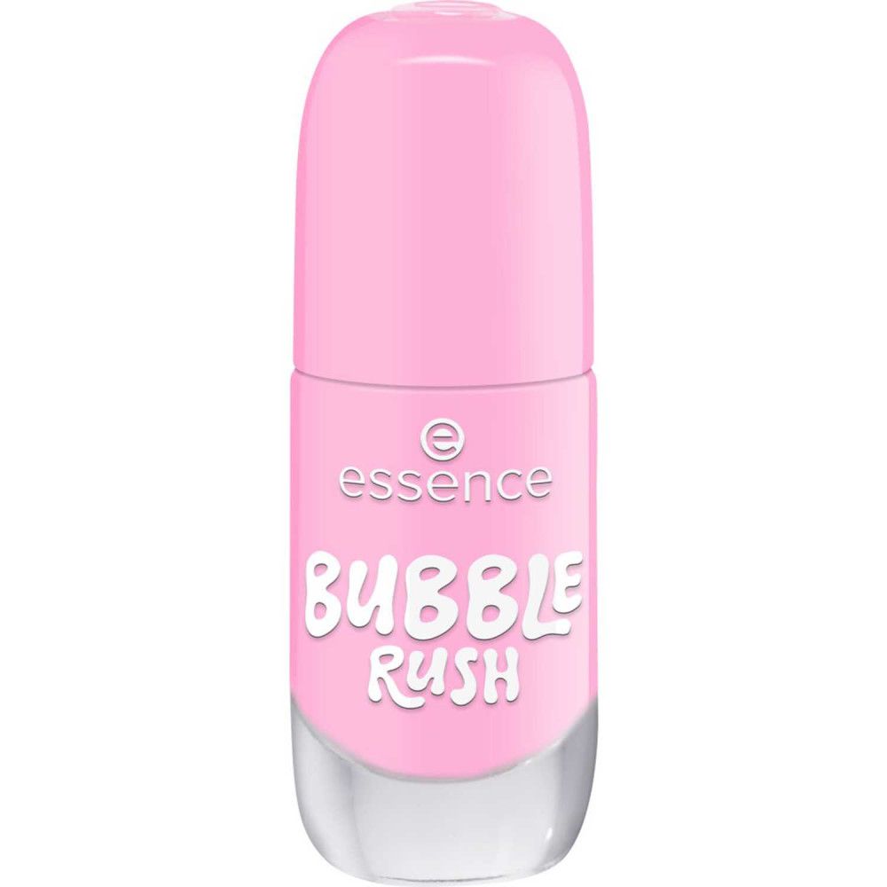 Flacon de vernis à ongles rose avec bouchon fermé. "essence BUBBLE RUSH" est écrit sur le flacon.