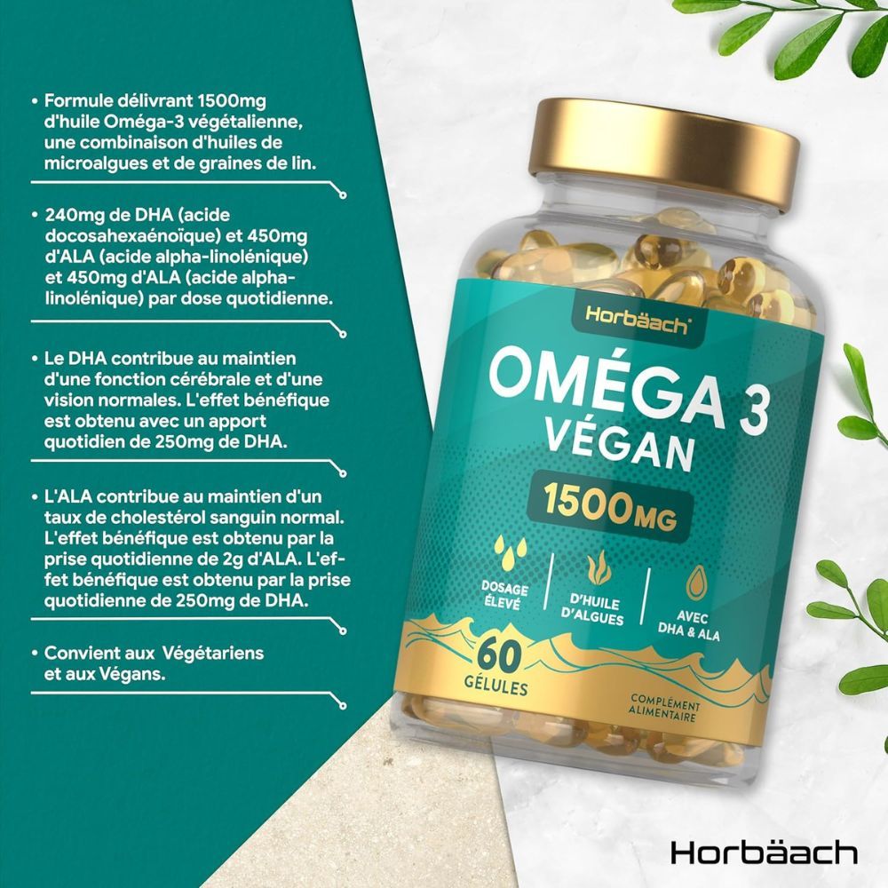 Flacon avec gélules. Horbaach Oméga 3 Vegan 1500mg. 60 gélules. Texte sur fond vert.
