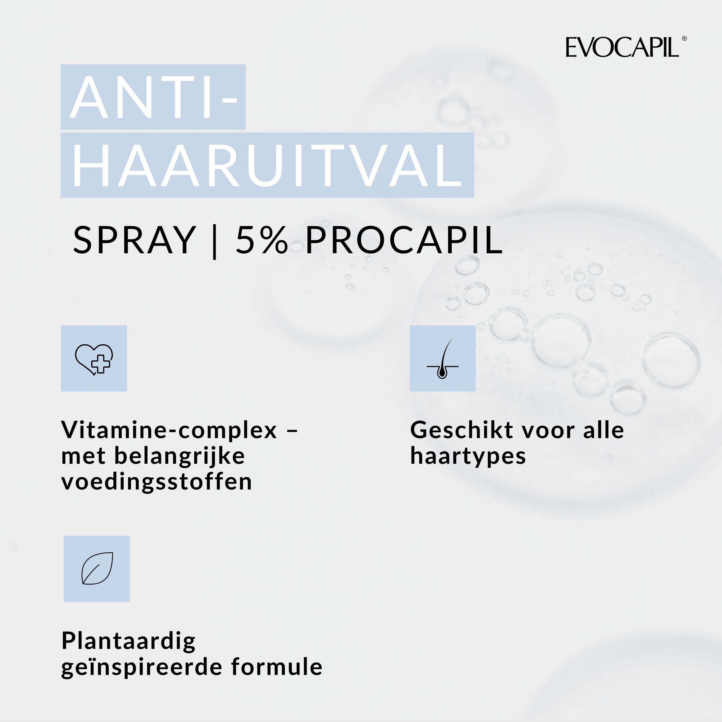 Blauwe achtergrond met tekst. Anti-haaruitval spray, 5% Procapil. Geschikt voor alle haartypes.