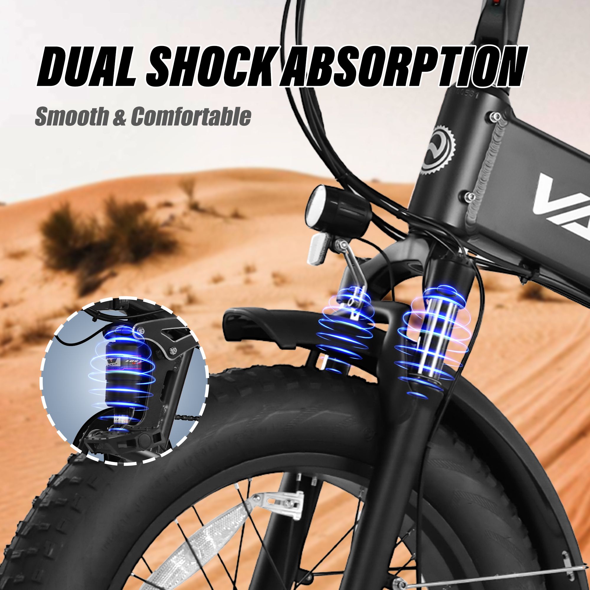 Vélo électrique pliable VARUN S20-2 avec double suspension. Vélo noir avec suspension. Arrière-plan : environnement sablonneux.