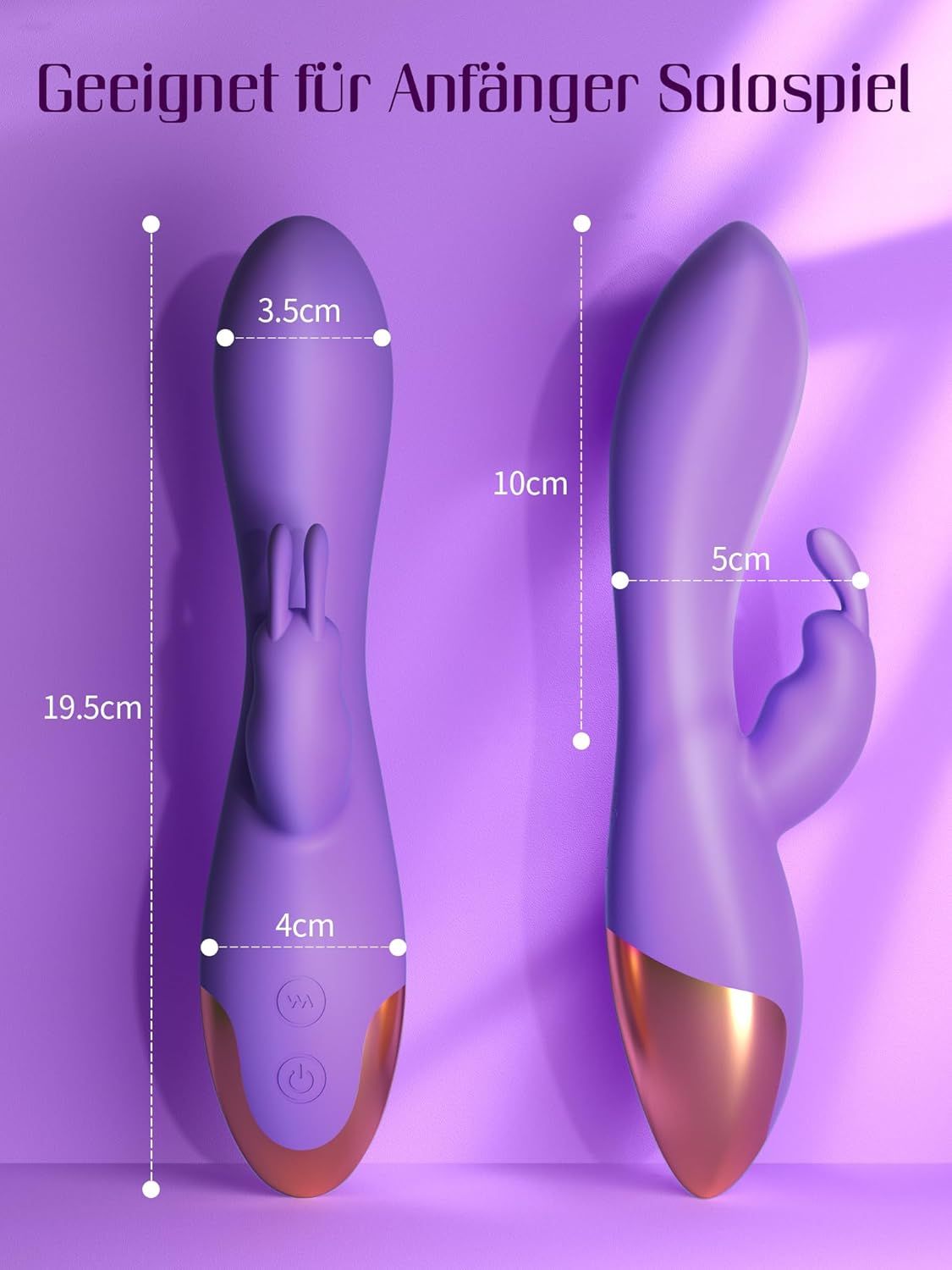 Paarse vibrator met konijnenoor-applicator. Afmetingen: 19,5cm lengte, 3,5cm breedte boven, 4cm breedte onder.