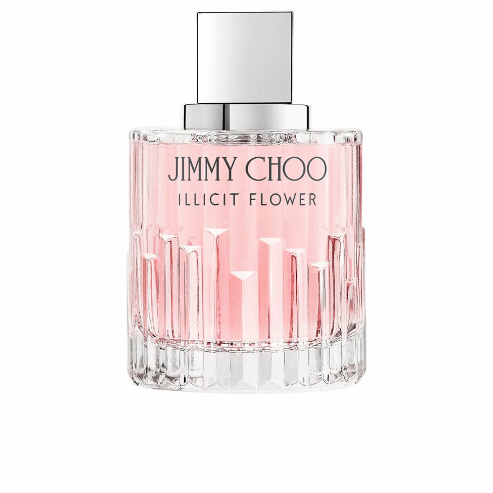 Flacon en verre avec liquide rose. Bouchon argenté. Inscription : JIMMY CHOO ILLICIT FLOWER.