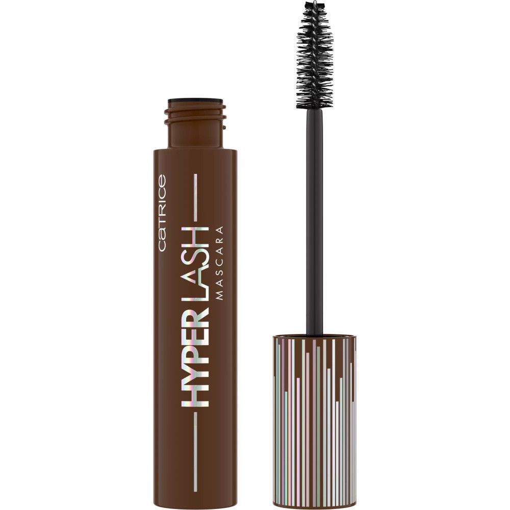 Tube de mascara marron avec brosse. Inscription: Catrice Hyper Lash Mascara. Bouchon argenté.