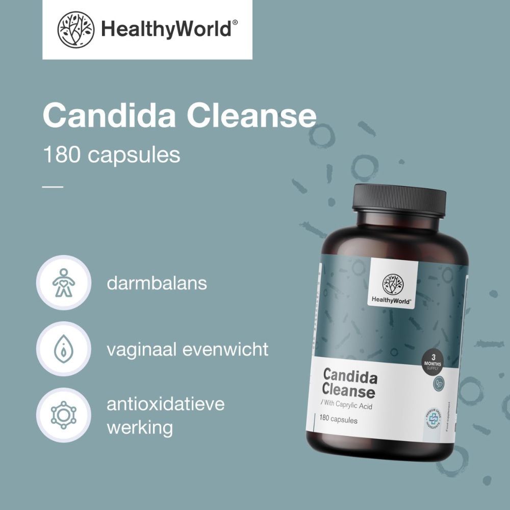 Fles met Candida Cleanse. Tekst: darmbalans, vaginaal evenwicht, antioxidatieve werking.