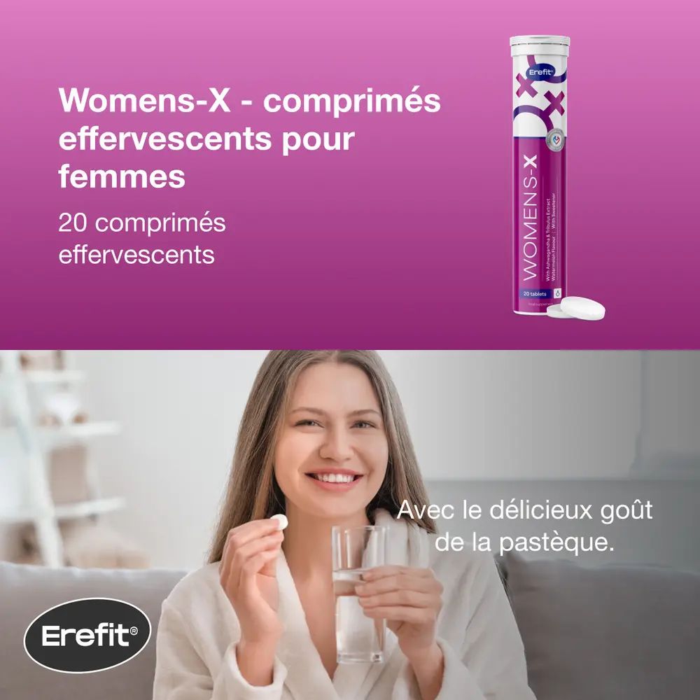 Emballage du produit "Erefit Womens-X". Femme buvant de l'eau. 20 comprimés. Goût pastèque.