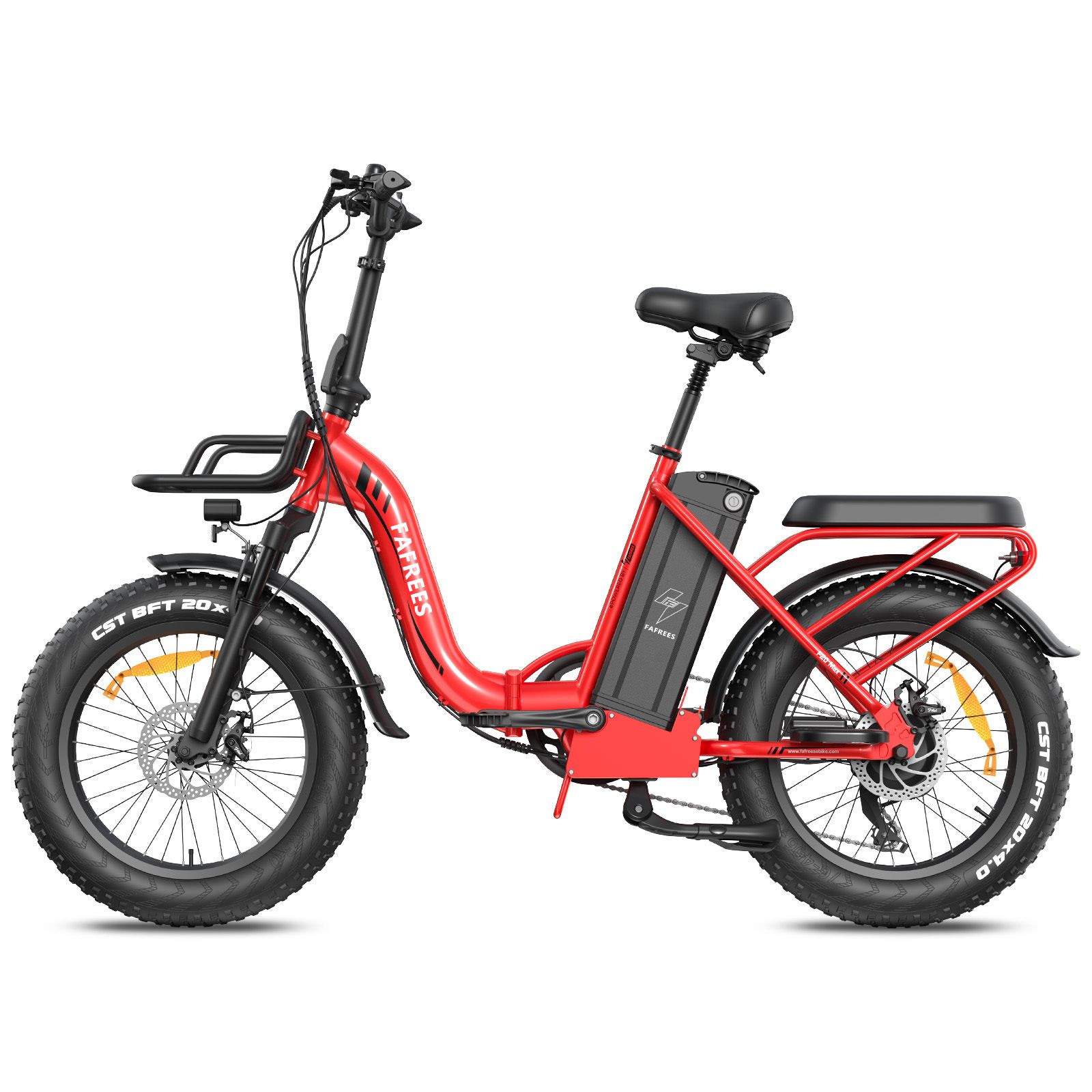 Rode opvouwbare e-bike met zwarte mand, banden en zadel. FAFREES-logo zichtbaar. Met accu en LCD-scherm.