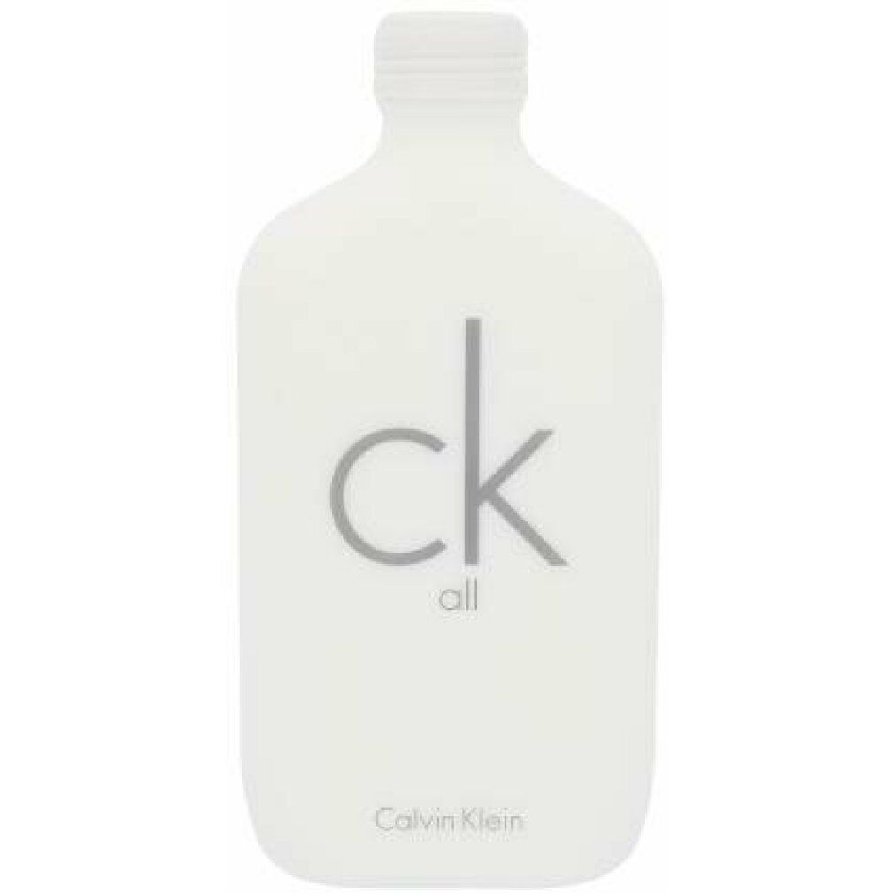 Bouteille blanche Calvin Klein CK All Eau de Toilette Unisex avec logo et nom gris.
