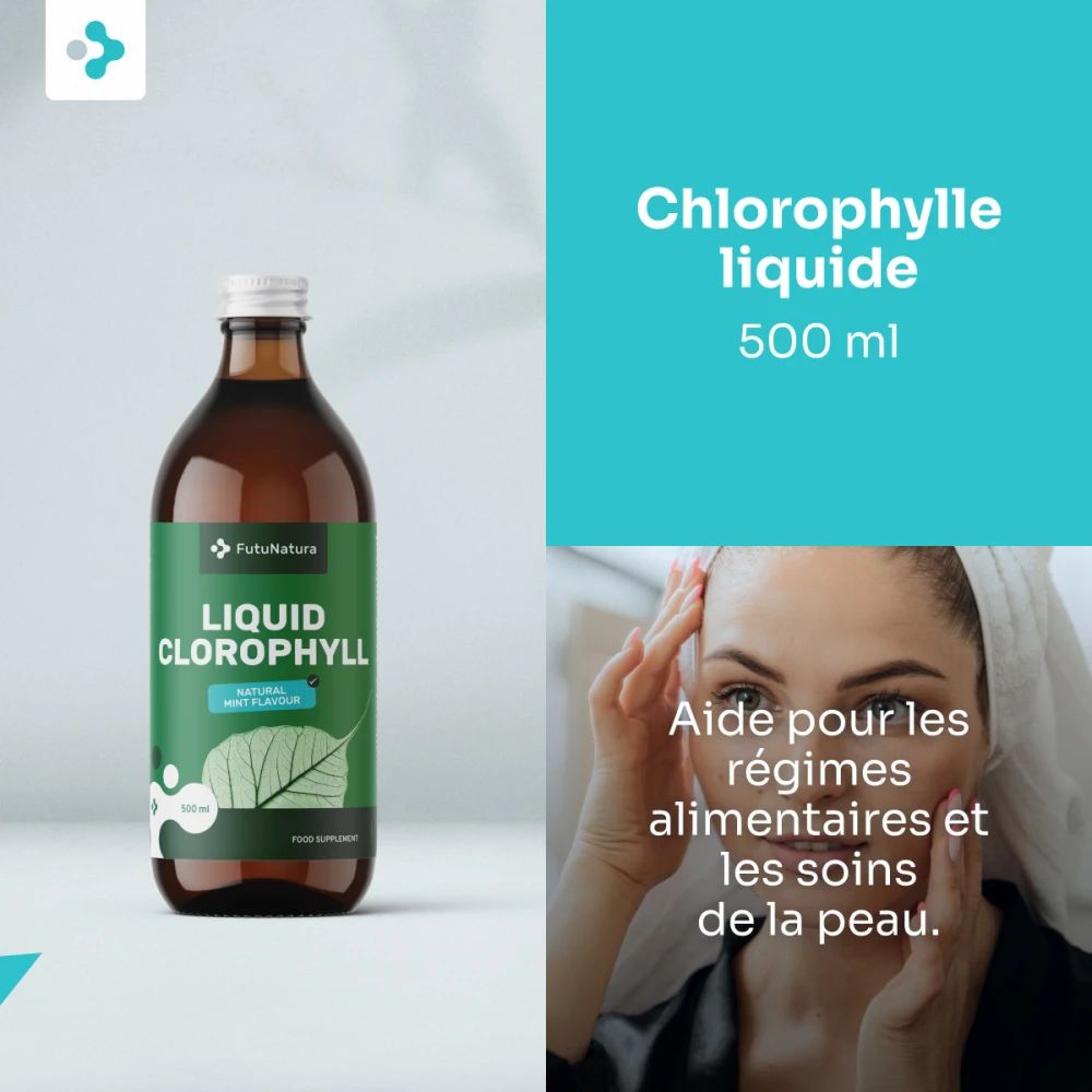 Image produit avec femme. Bouteille "Liquid Chlorophyll" près du visage. Texte: "Chlorophylle liquide".