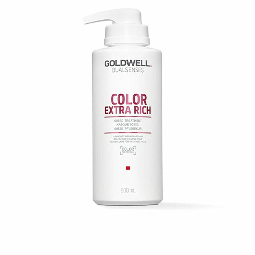 Witte fles met pomp. Opschrift: GOLDWELL DUALSENSES COLOR EXTRA RICH. 500ml. Rode stip.