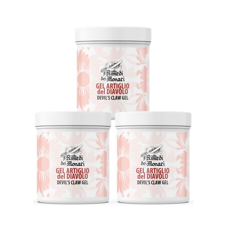 Drie witte potten met roze bloemmotief. Opschrift: GEL ARTIGLIO del DIAVOLO, DEVIL'S CLAW GEL. Merk: I Rimedi dei Monaci.