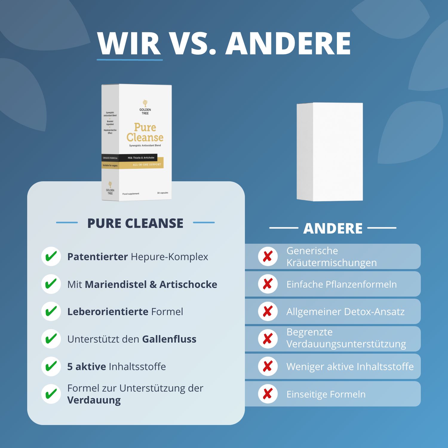 Comparaison Golden Tree Pure Cleanse avec d'autres produits, mise en avant des avantages.