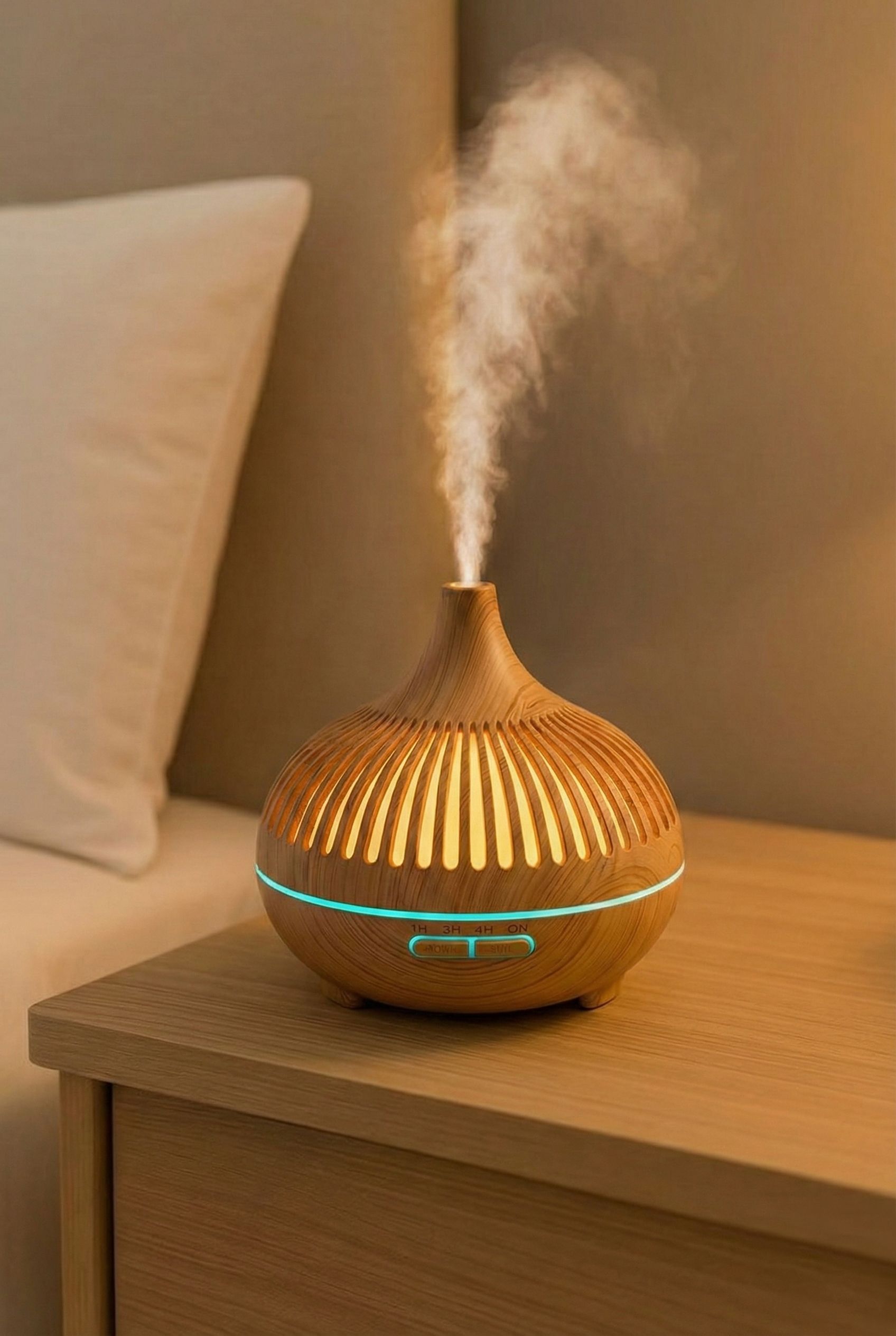 Houtkleurige aroma diffuser die stoom afgeeft, met blauwe LED-verlichting.