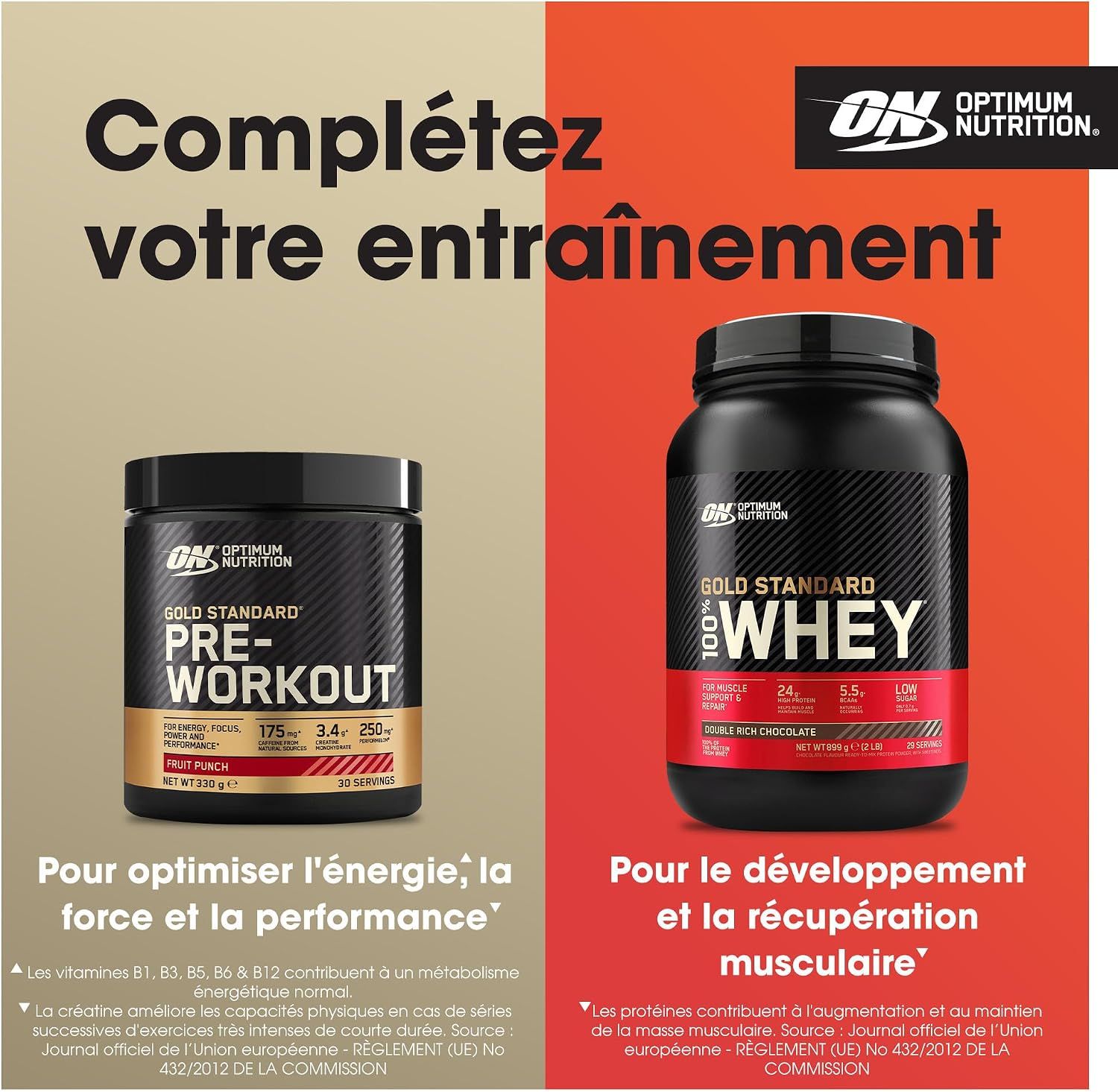 Boîte Optimum Nutrition BCAA Train+Sustain Framboise-Grenade à côté de Pre-Workout et Whey Protein.