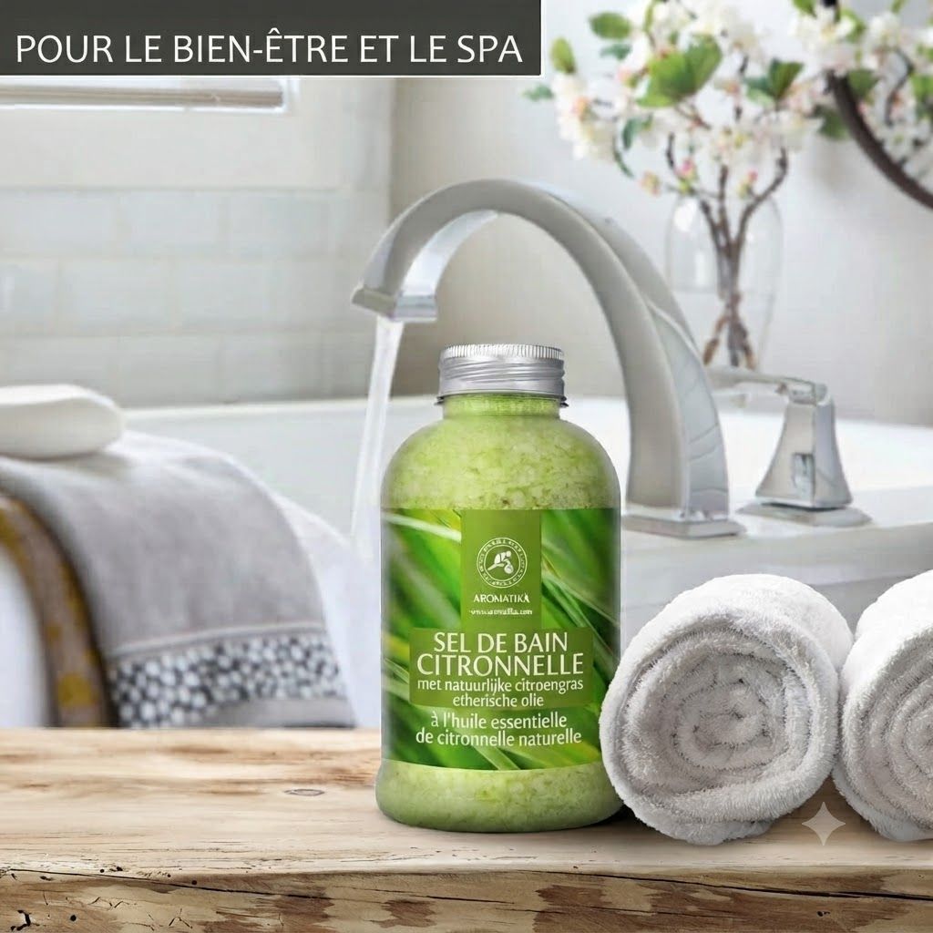 Cristaux de bain verts dans une bouteille transparente avec bouchon argenté. Étiquette "Sel de Bain Citronnelle" et "Aromatica".