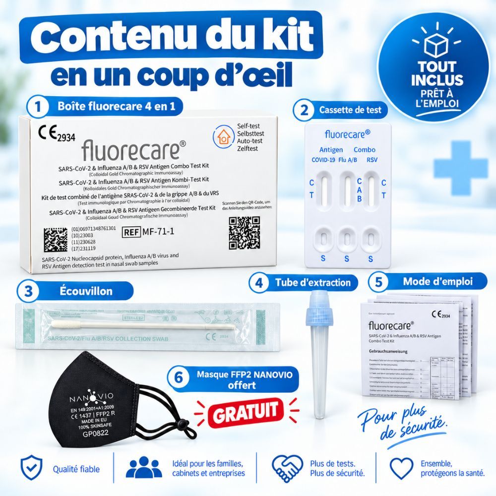 Contenu du kit : Boîte Fluorecare 4-en-1, cassette, écouvillon, tube, notice, masque.