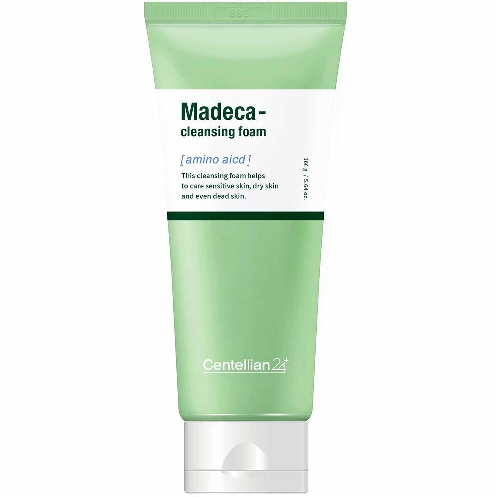 Tube verte avec bouchon blanc. Texte: Madeca-cleansing foam, amino acid. Marque: Centellian 24.