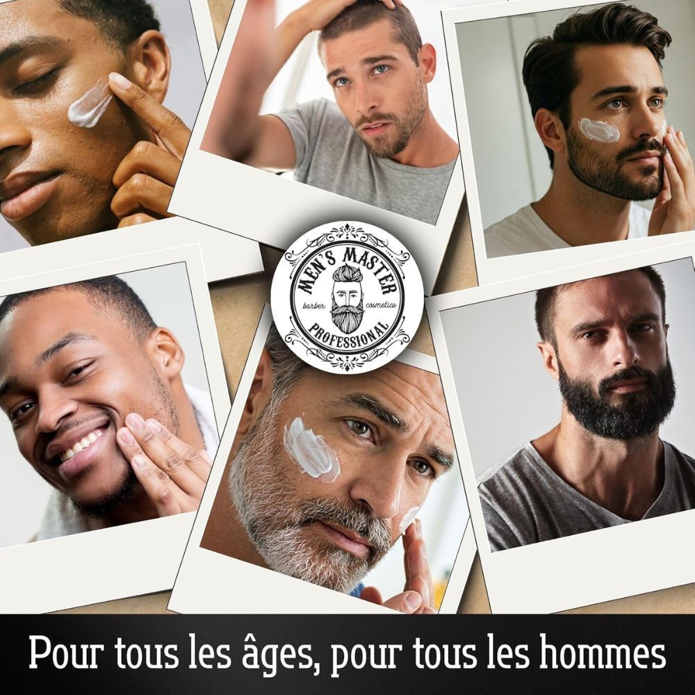 Plusieurs hommes appliquent de la crème. Texte : Pour tous les âges, pour tous les hommes.