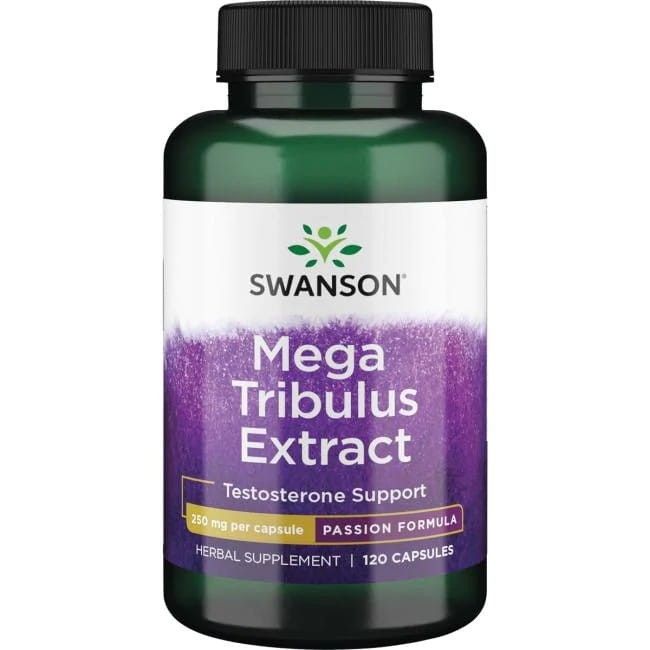 Flacon vert avec bouchon noir. Inscription: SWANSON Mega Tribulus Extract, 250mg par capsule, Herbal Supplement, 120 capsules.