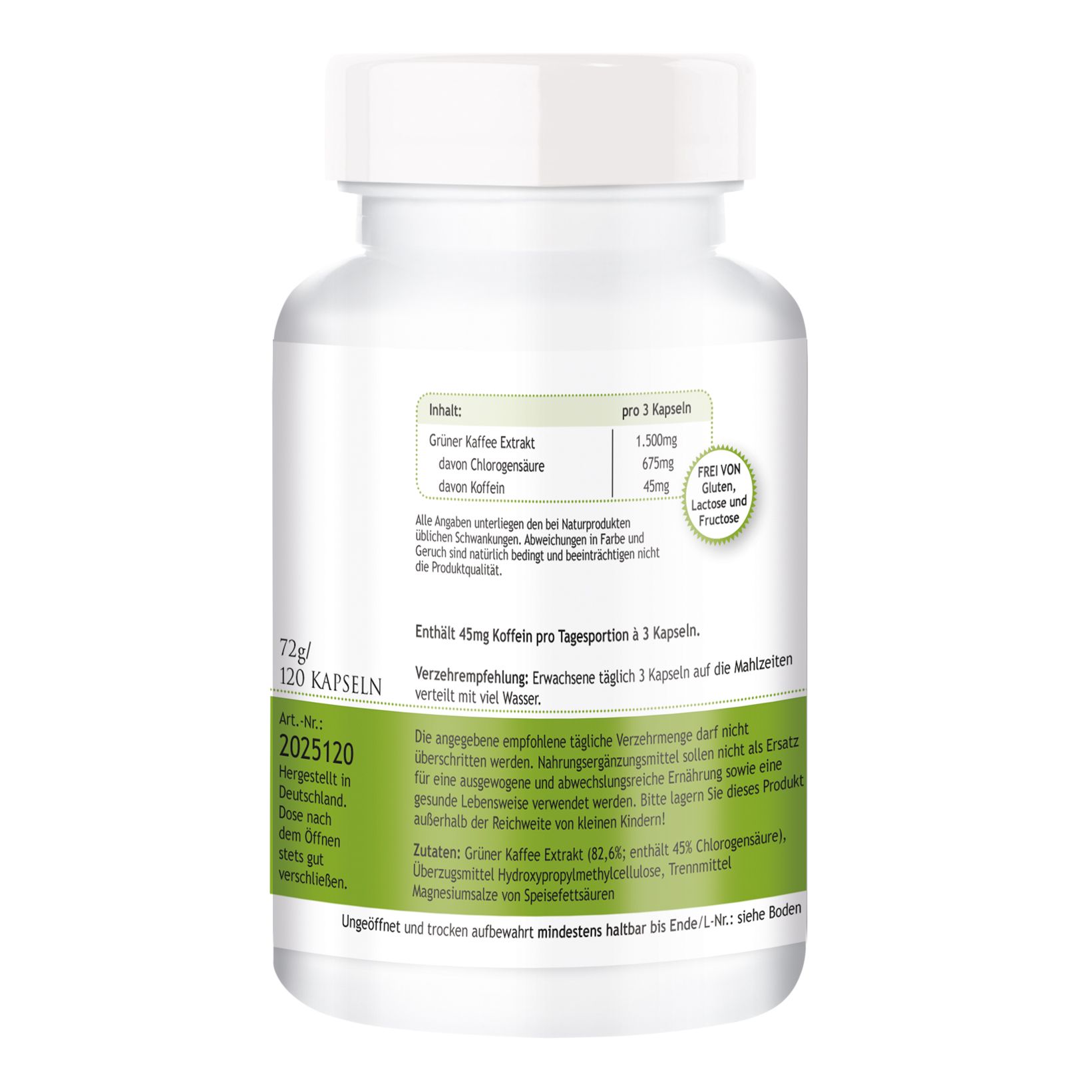 Flacon blanc avec étiquette verte. Inscription: GRÜNER KAFFEE 500MG. Dos avec informations sur les ingrédients et recommandations. 120 gélules.