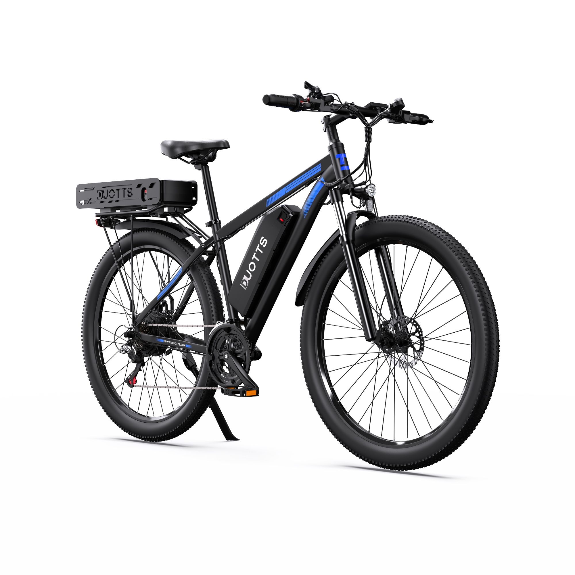 Zwarte e-bike met blauwe accenten. DUOTTS-logo, dubbele batterij, Shimano 21 versnellingen. Zijaanzicht, witte achtergrond.