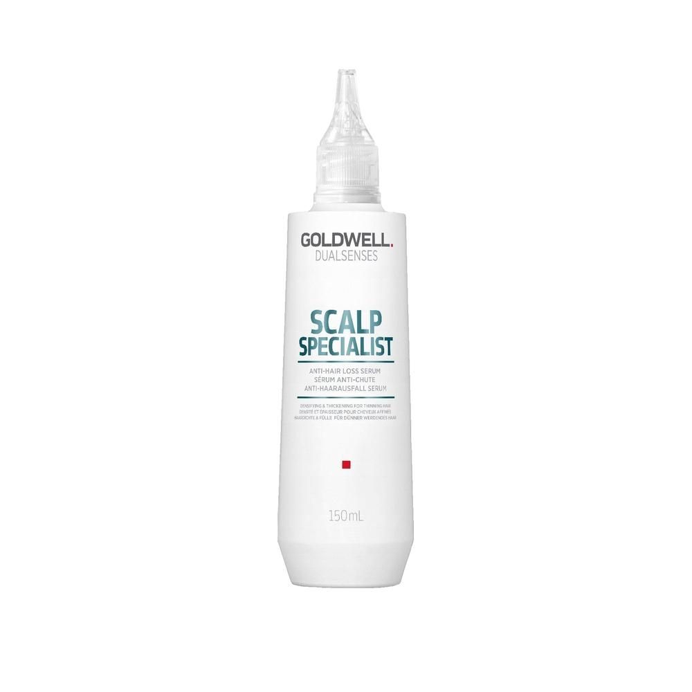 Wit flesje met applicator. Opschrift: Goldwell Dualsenses Scalp Specialist Anti-Haaruitval Serum. Rode stip. 150ml.
