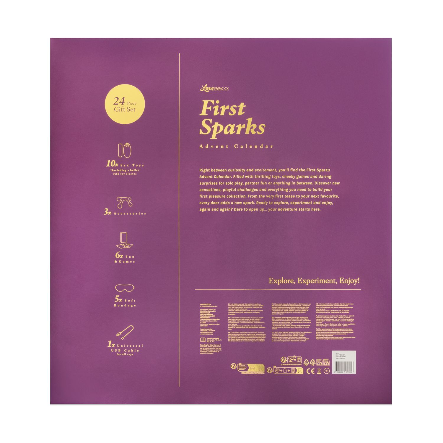 Achterkant van de adventskalender. Tekst: First Sparks, Advent Calendar. Lijst met inhoud. Logo: Loveboxxx.