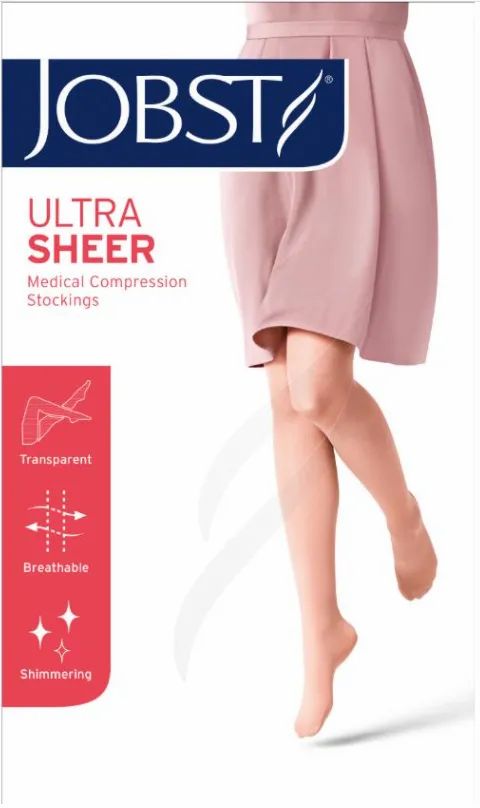 Emballage des bas de compression JOBST UltraSheer. Nom du produit, caractéristiques et une personne portant des bas.