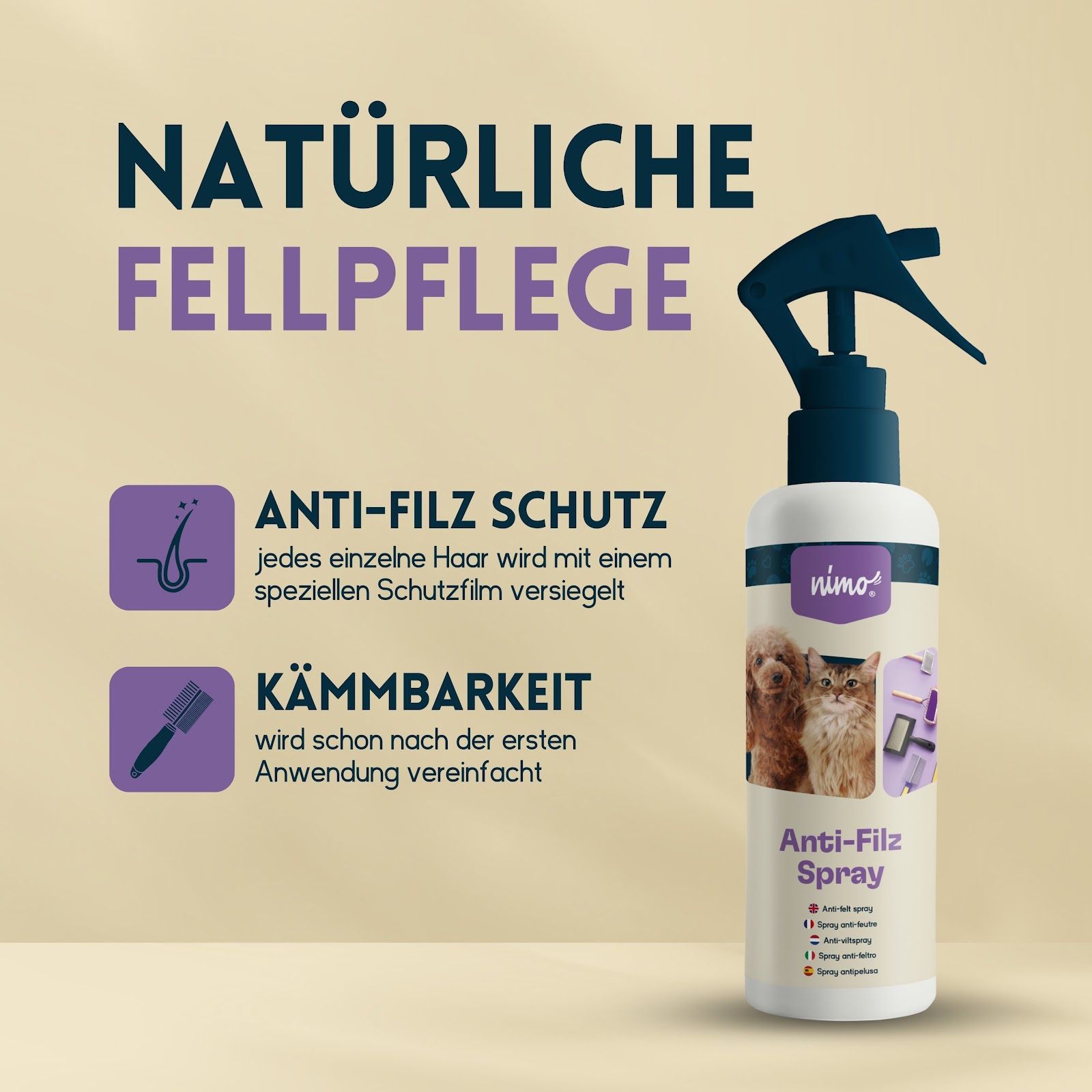 nimo® spray anti feutre pour chiens, chats • dissout le pelage feutré et facilite le démêlage