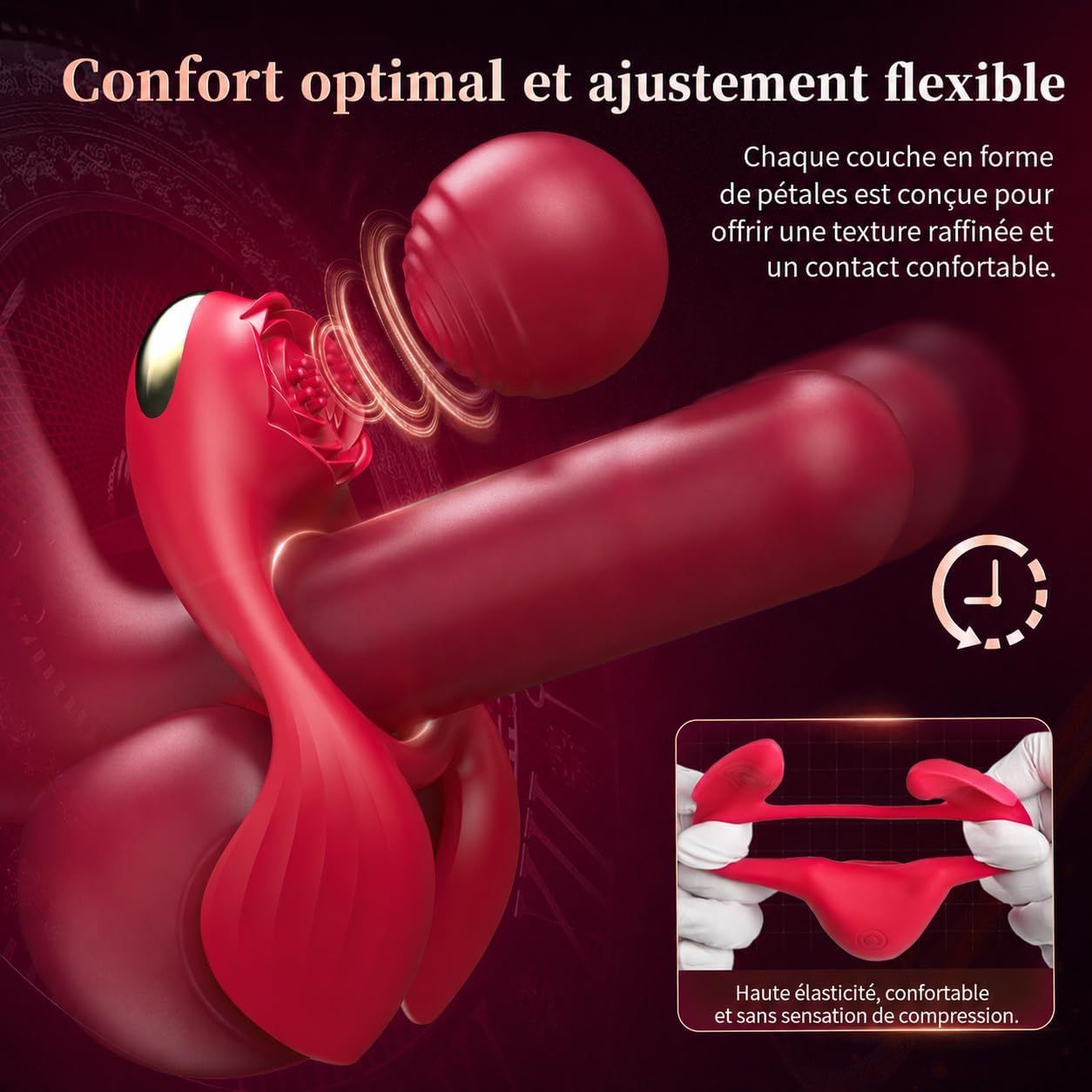 Vibrateur rouge avec design pétale et ajustement flexible. Montre une texture extensible.