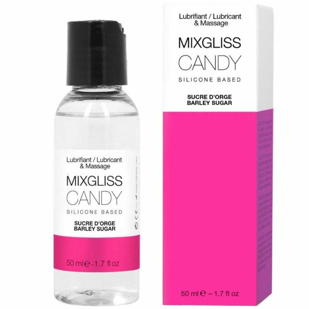 Mixgliss Candy glijmiddel, siliconenbasis, 50ml fles met zwarte klapdop, naast een roze-witte verpakking.