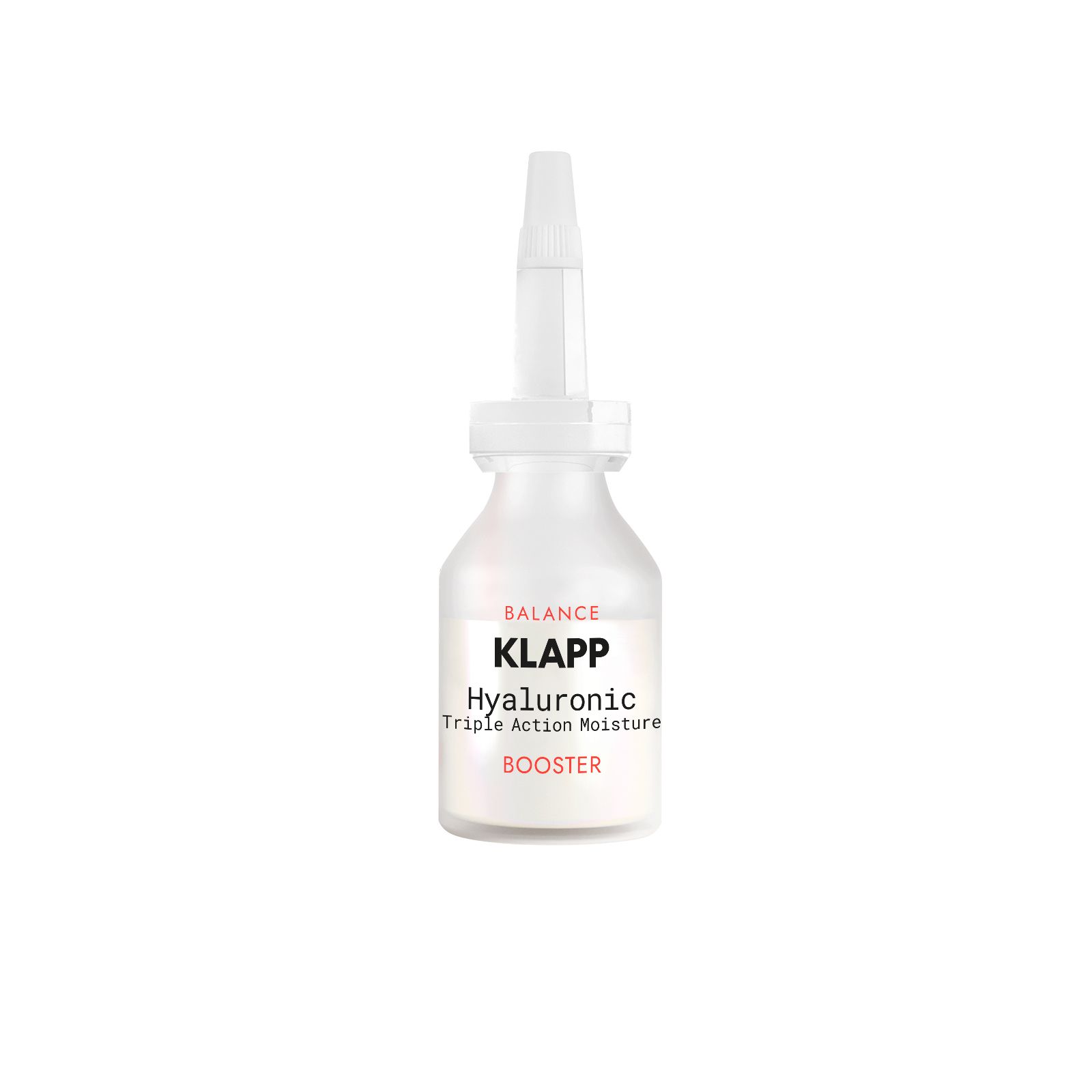 Transparante flacon met witte dop en applicator. Opschrift: Klapp, Hyaluronic Triple Action Moisture Booster.