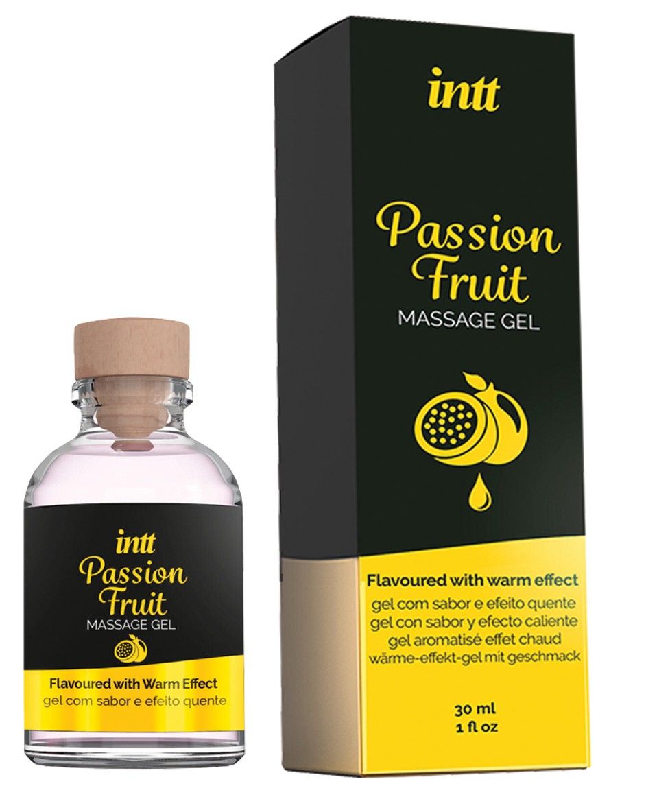Intt Passion Fruit massagegel in glazen fles met houten dop en zwart label.
