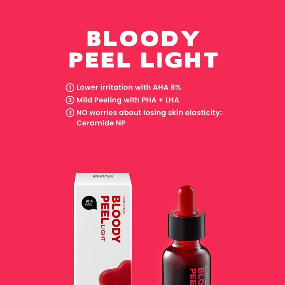 Productverpakking en fles met rode vloeistof. Tekst: 'BLOODY PEEL LIGHT'. Opsomming met productvoordelen.