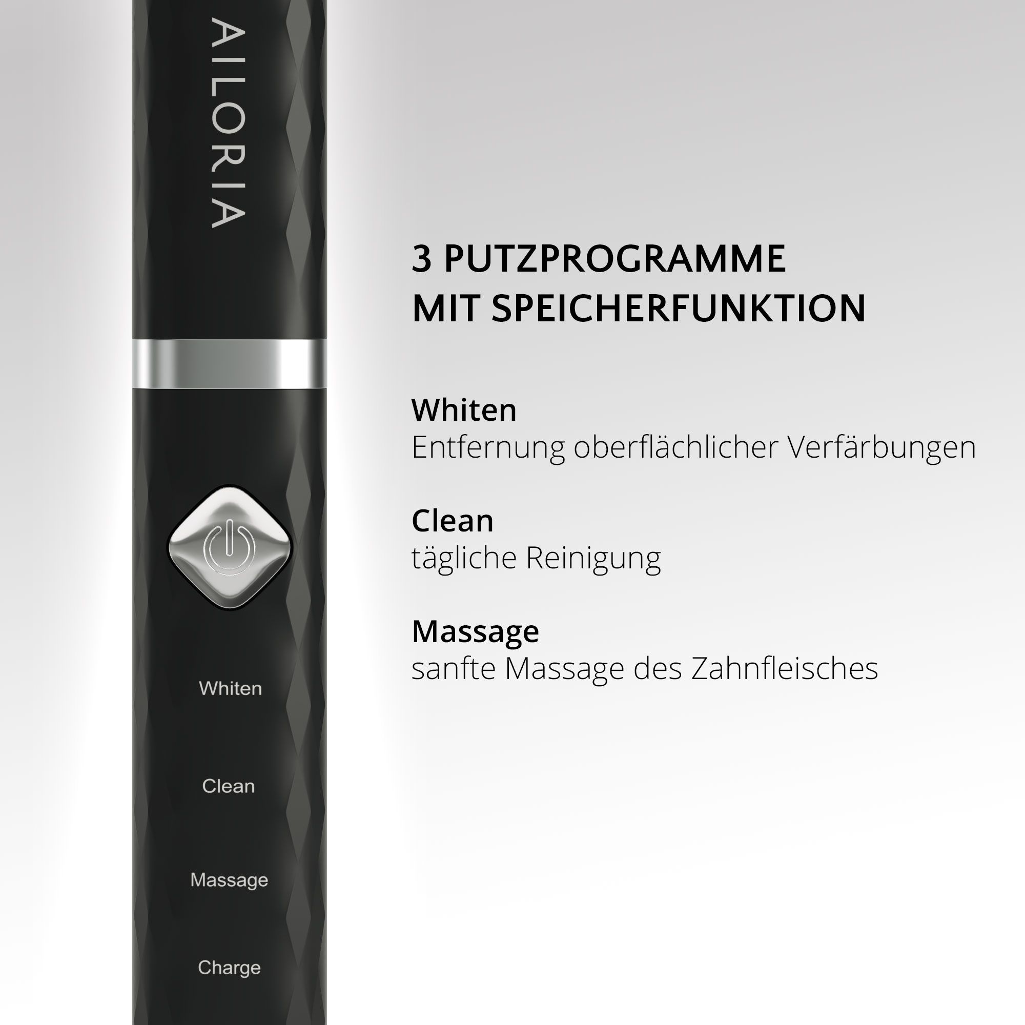 Gros plan sur la brosse à dents AILORIA noire. Trois programmes de nettoyage : Whiten, Clean, Massage. Avec fonction mémoire.