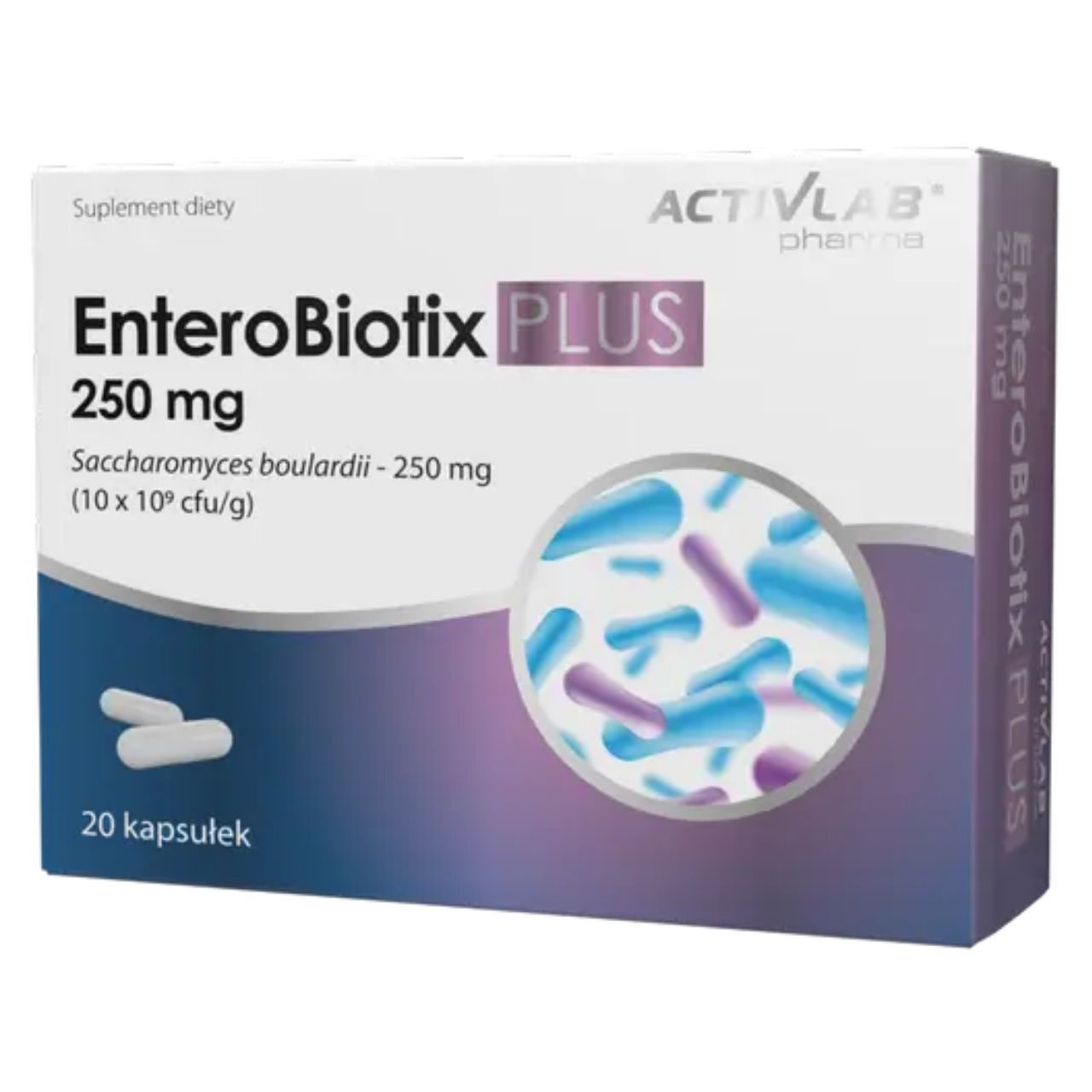 Verpakking EnteroBiotix Plus capsules met 250 mg Saccharomyces boulardii.