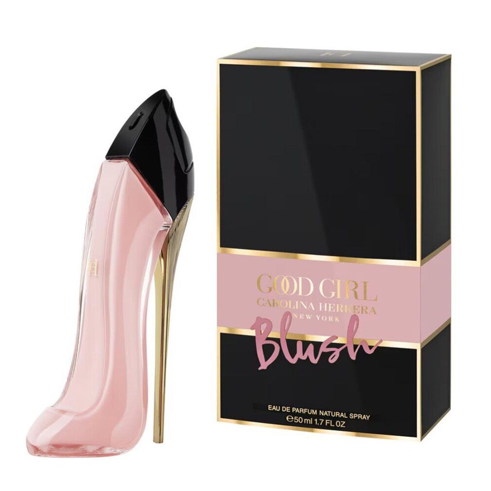 Flacon Carolina Herrera Good Girl Blush Eau de Parfum en forme de chaussure à côté de son emballage noir.