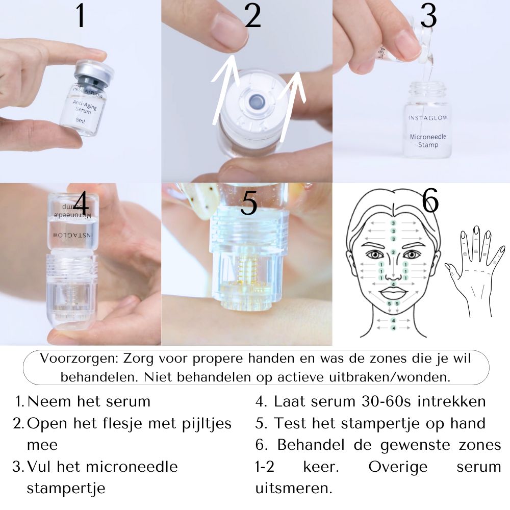 Instructies voor het gebruik van het Instaglow product. Stappen 1-6. Serum, stempel, applicatie.