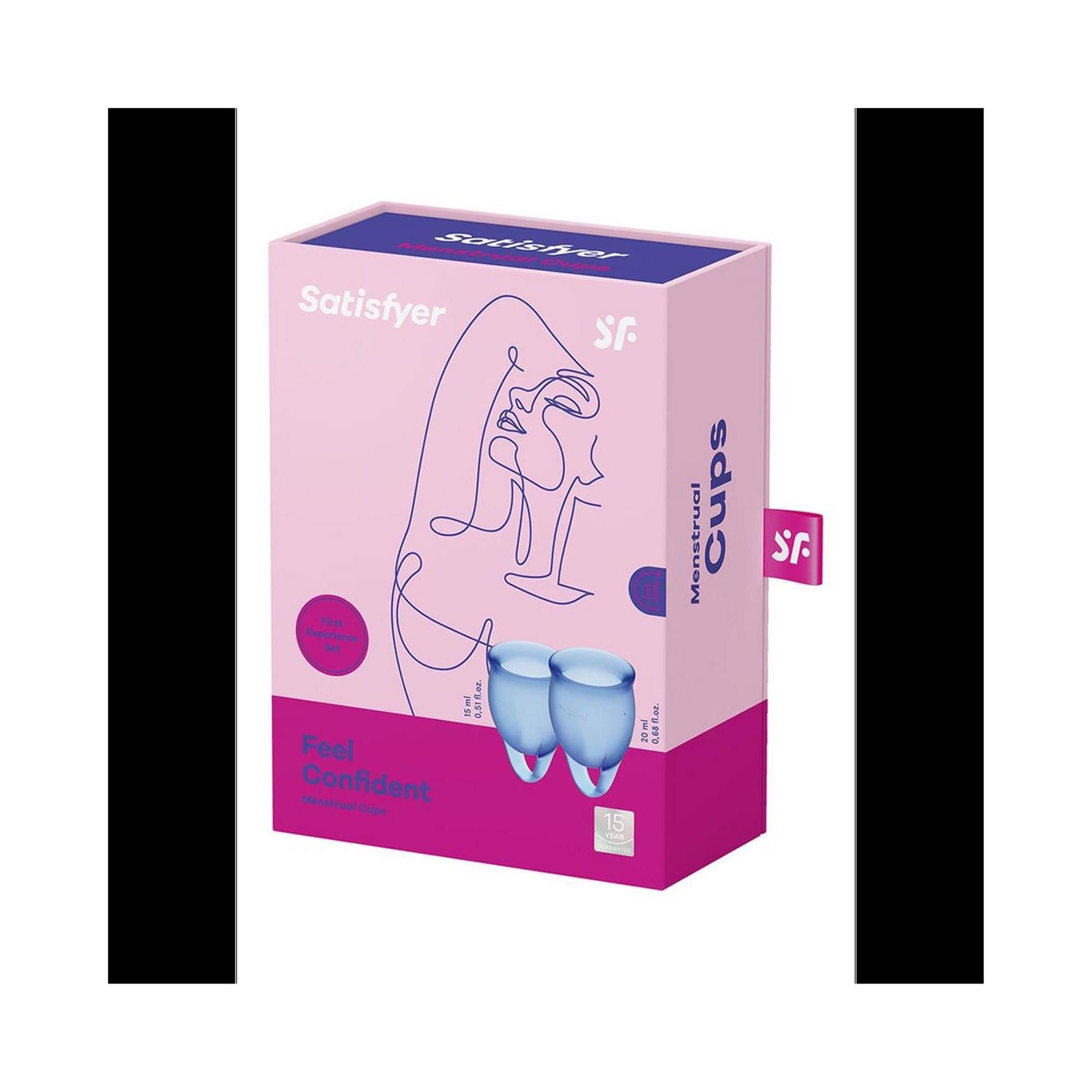 Roze verpakking met productafbeelding en tekst "Satisfyer". Bevat twee menstruatiecups. Opschrift: "Menstrual Cups".