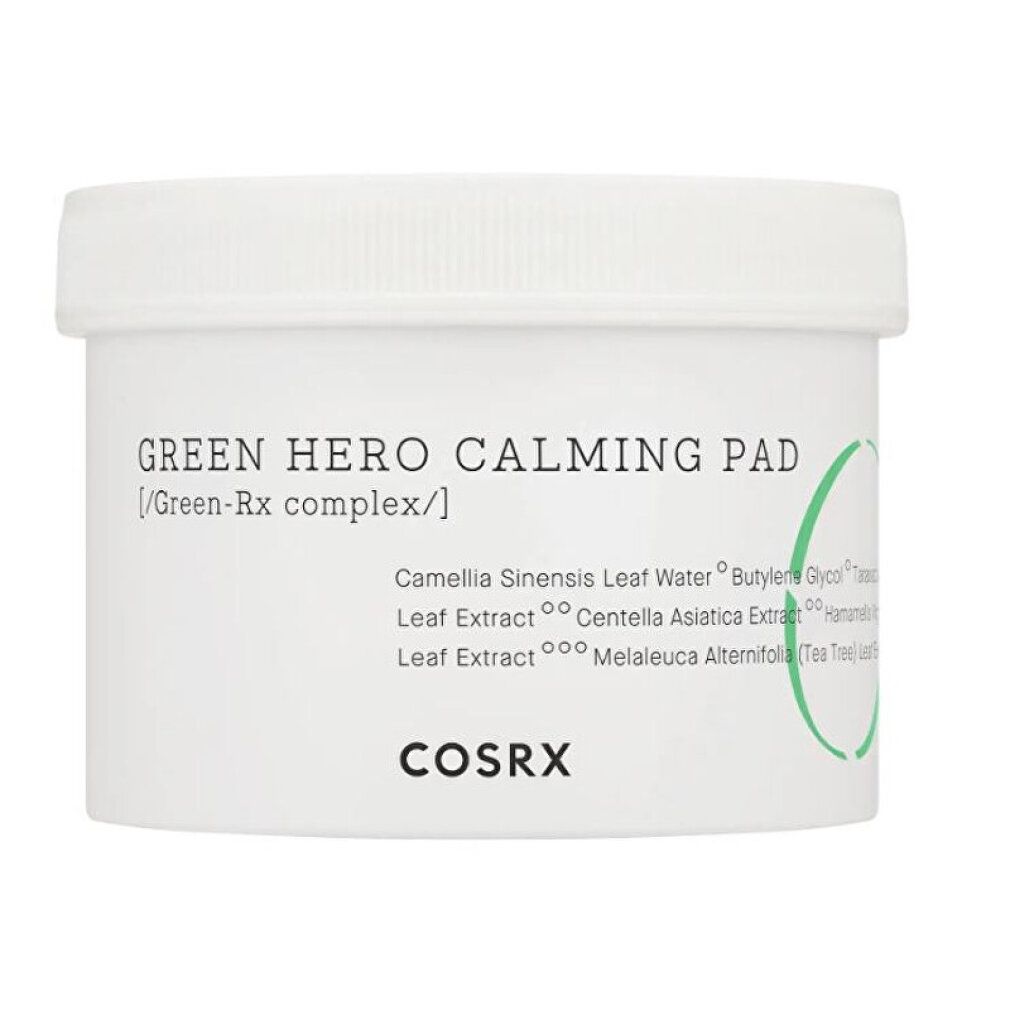 COSRX Green Hero Calming Pad dans un pot blanc avec couvercle. Étiquette avec nom du produit et ingrédients.