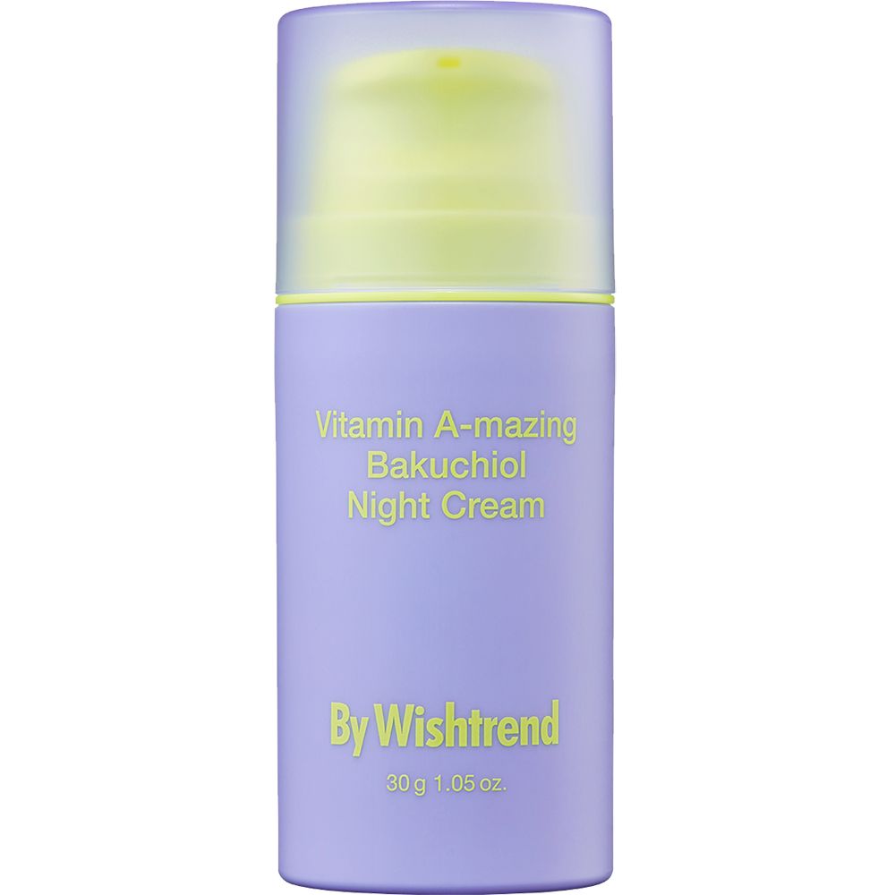 Paarse fles met gele dop. Tekst: Vitamin A-mazing Bakuchiol Night Cream, By Wishtrend, 30g 1.05 oz.