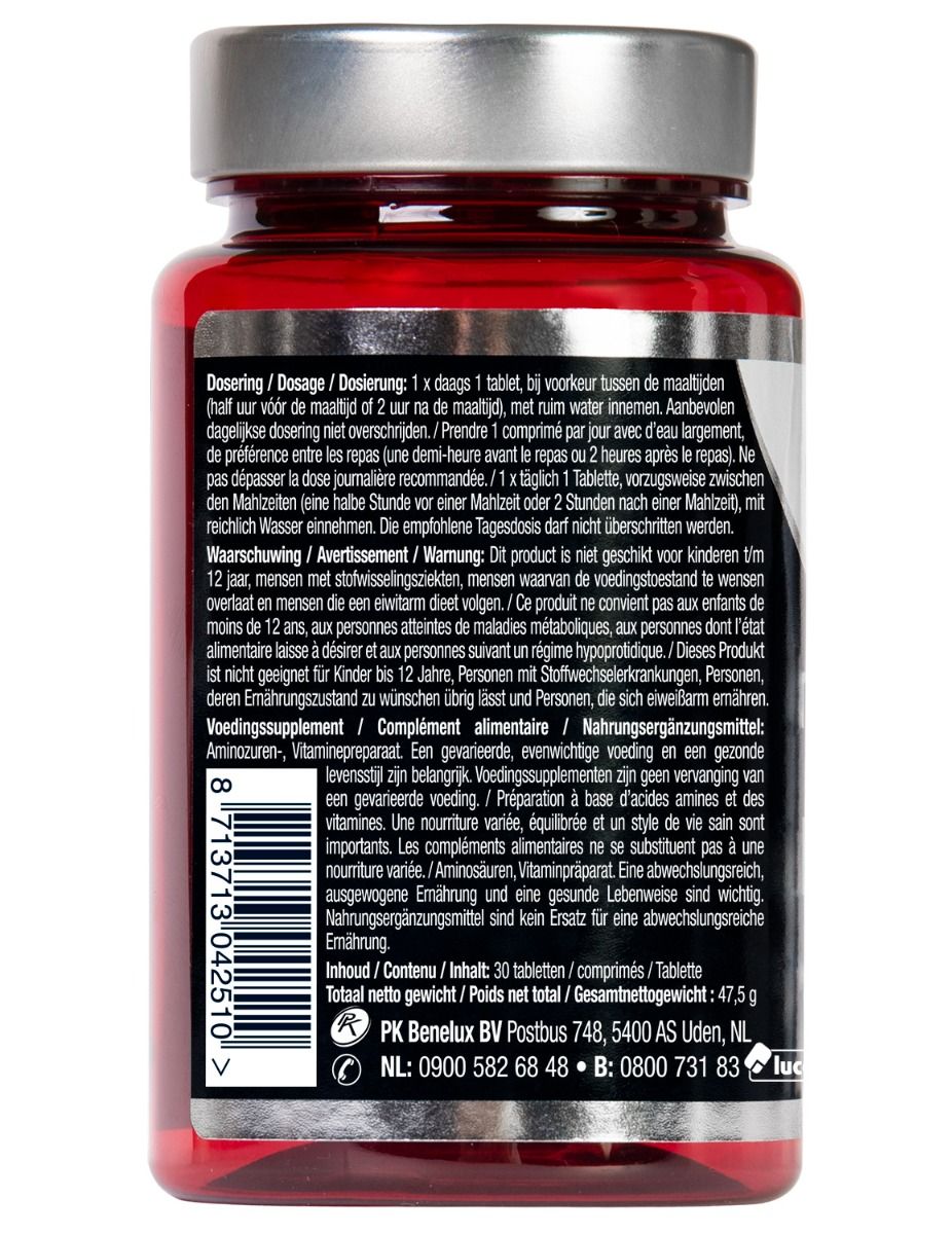 Achterkant L-Lysine fles met doserings- en waarschuwingen. Bevat informatie over inname en waarschuwing voor kinderen onder 12 jaar.