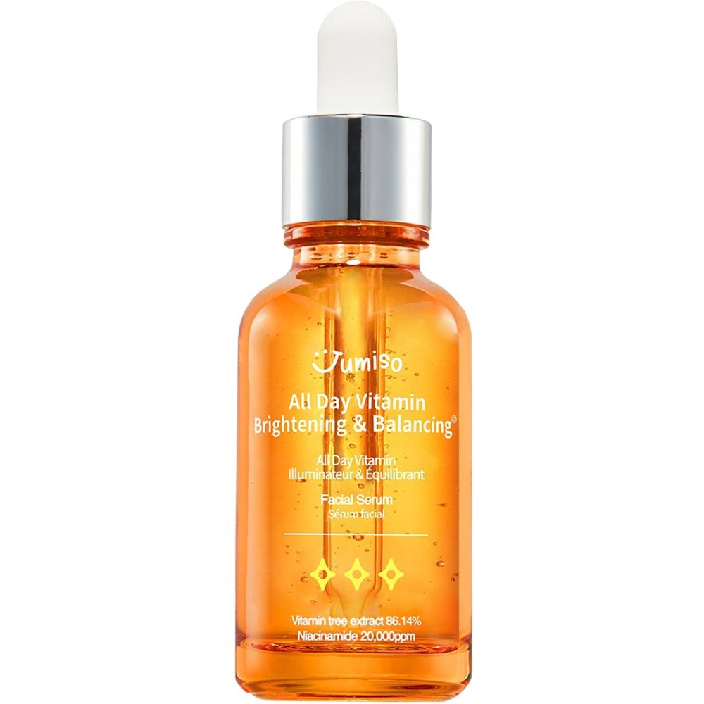 Serumflesje met pipet. Opschrift: JUMISO All Day Vitamin Brightening & Balancing. Bevat vitamine C extract en niacinamide.