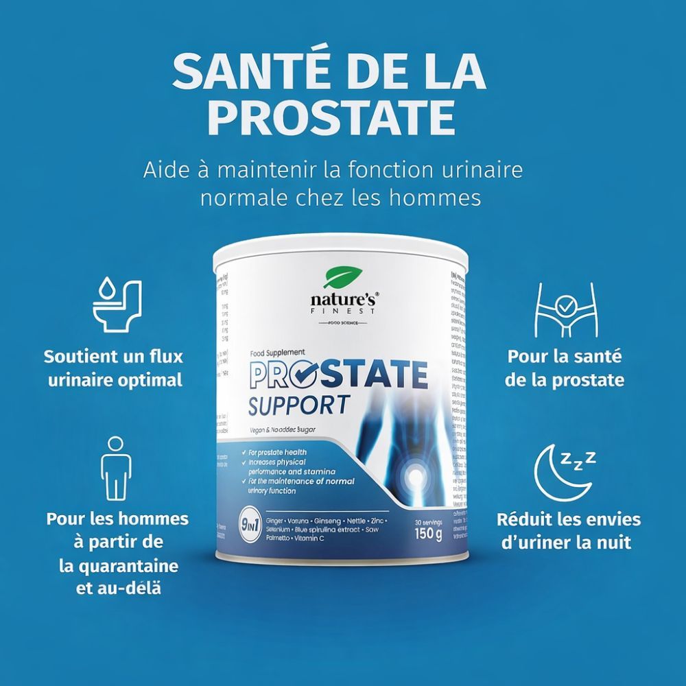 Boîte Nature's Finest Prostate Support. Texte : Santé de la prostate. Aide à maintenir la fonction urinaire normale chez les hommes.