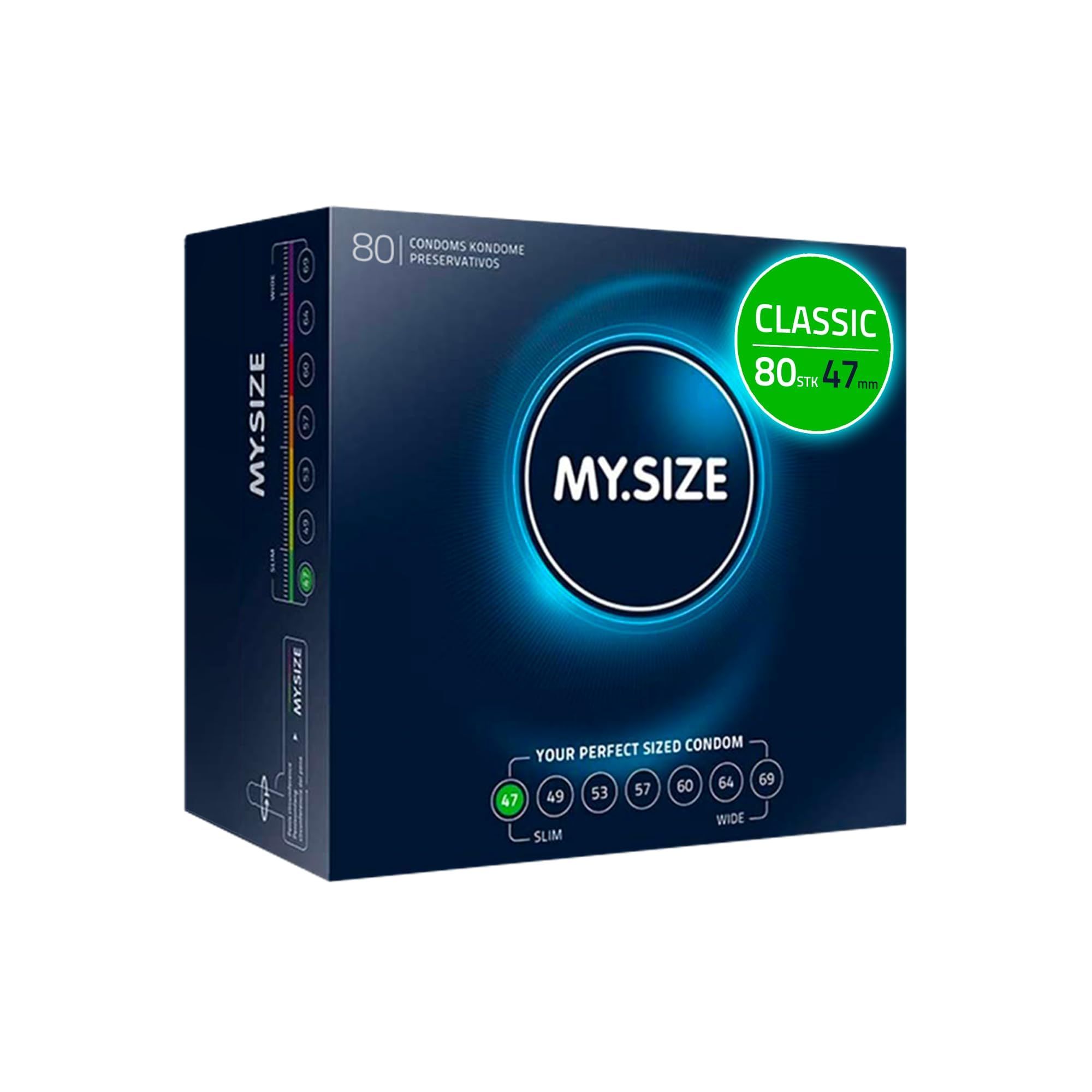 Boîte de 80 préservatifs, taille 47. "CLASSIC 80x47". "YOUR PERFECT SIZED CONDOM". Tailles 47-69.