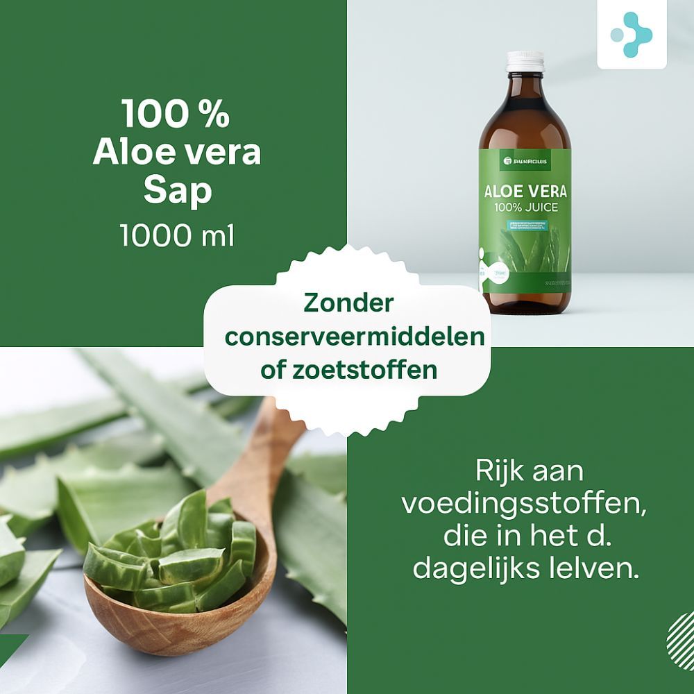 Aloë vera sap in bruine glazen fles.  Plus: Zonder conserveermiddelen of zoetstoffen. Rijk aan voedingsstoffen, die in het d. dagelijks leven.