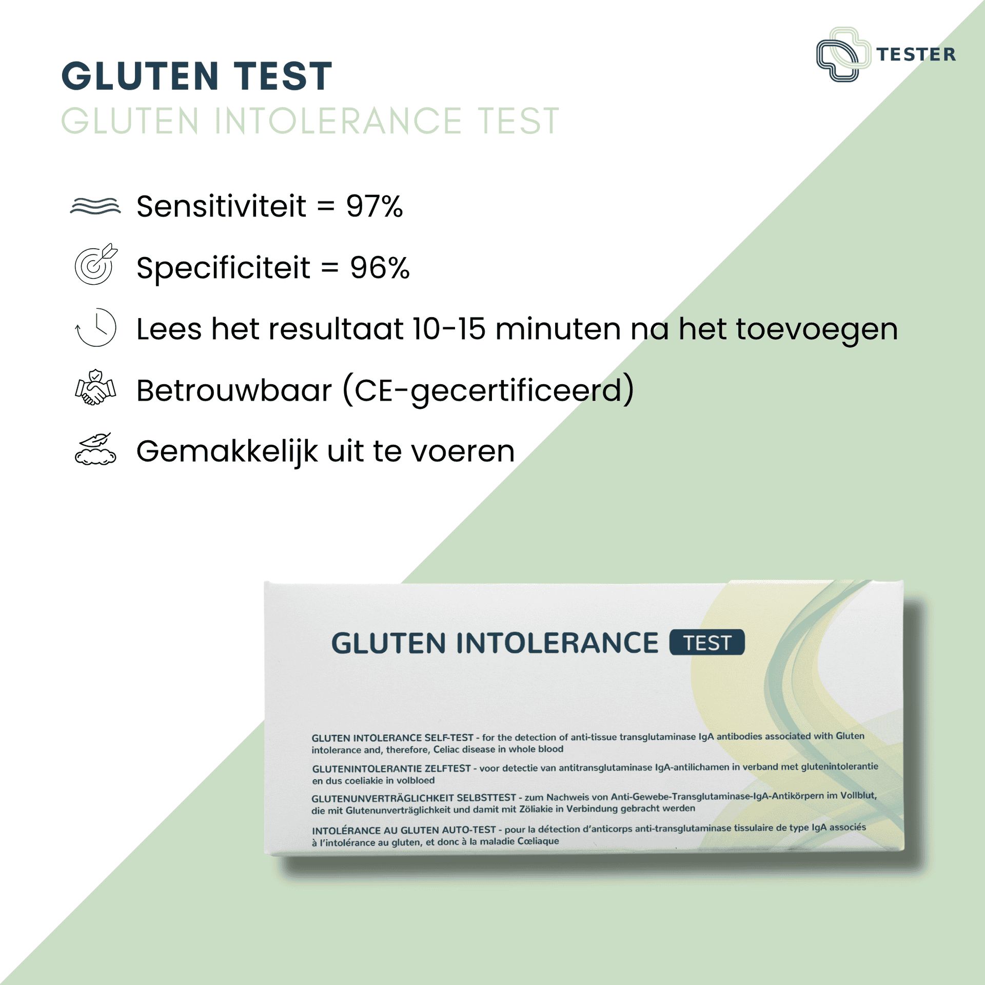 Glutentest: Gevoeligheid 97%, Specificiteit 96%, CE-gecertificeerd. Met verpakking.