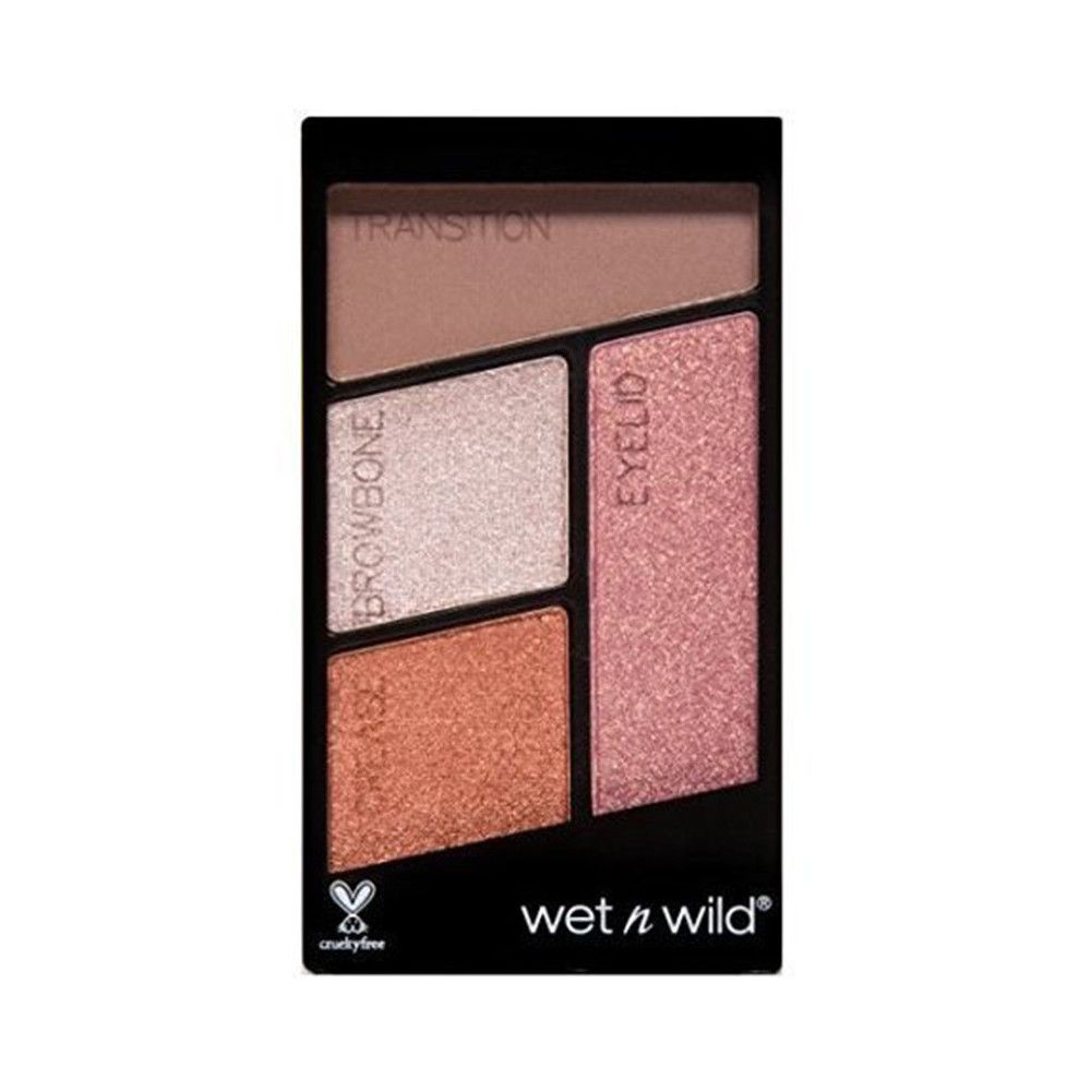 Oogschaduwpalet met vier kleuren. Zwarte verpakking. Tekst: Wet n Wild, Cruelty Free.
