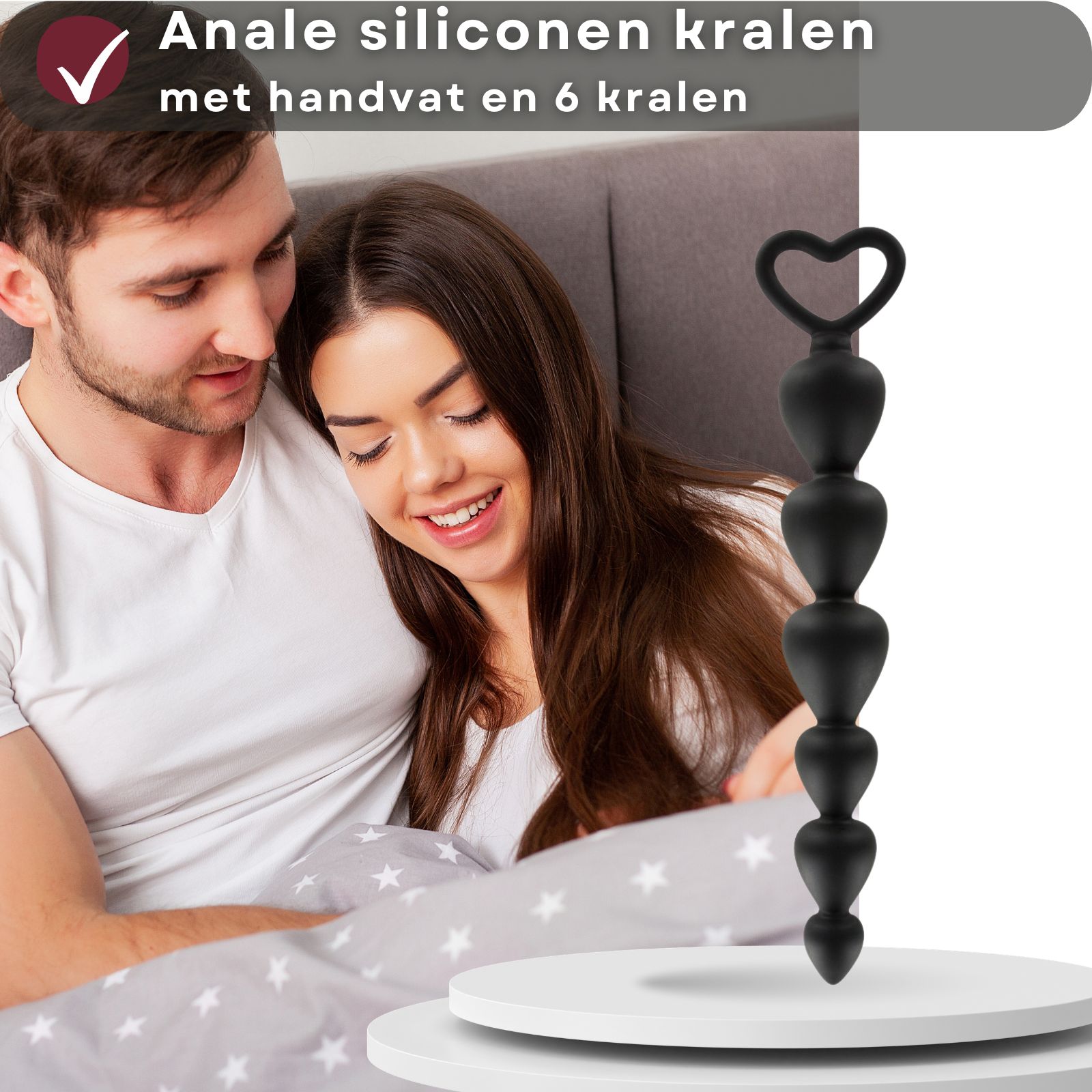 Anale plug van siliconen met 6 ballen en handvat. Lengte 17,5 cm, diameter 2,5 cm.