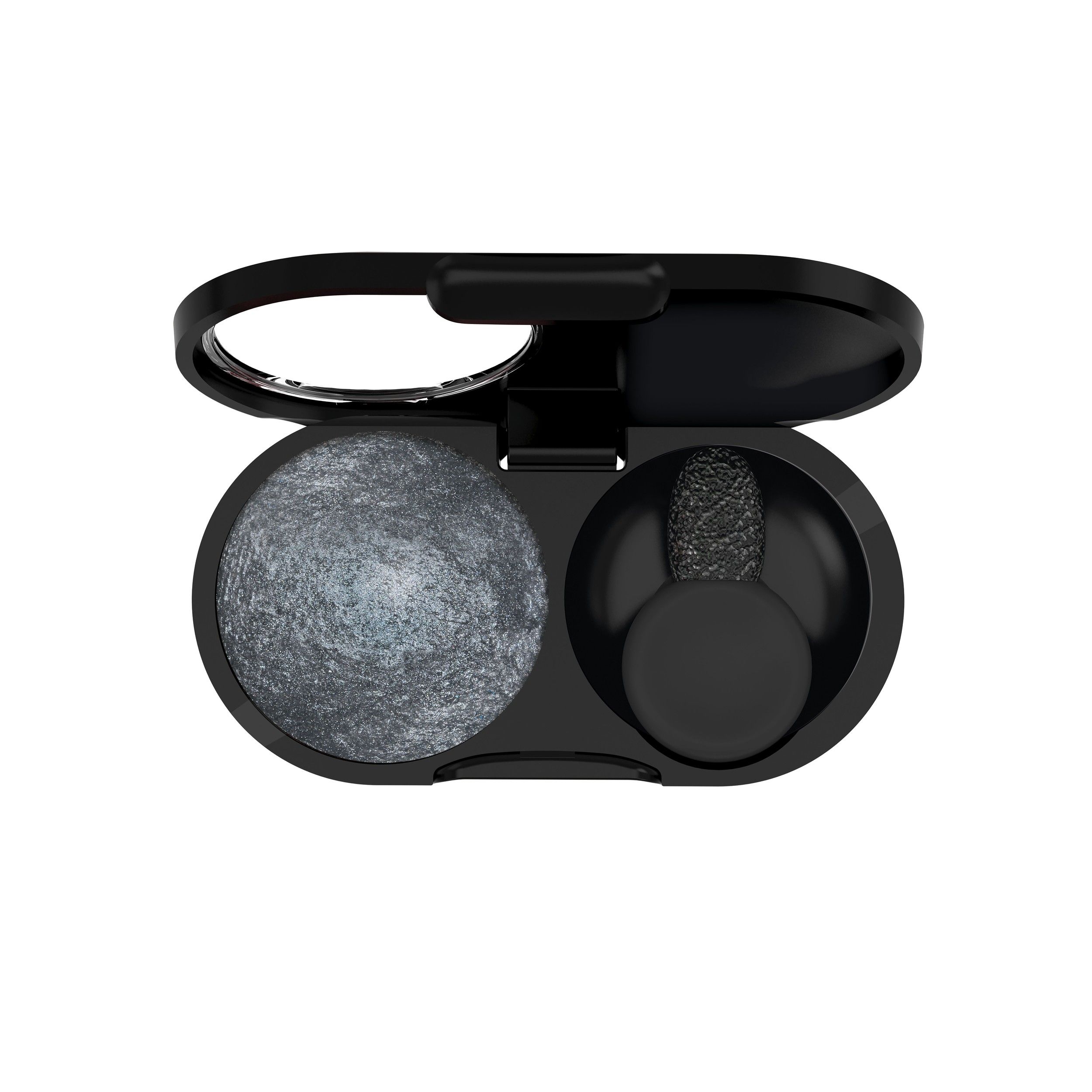Étui compact noir pour fard à paupières avec un fard à paupières rond gris et un applicateur.