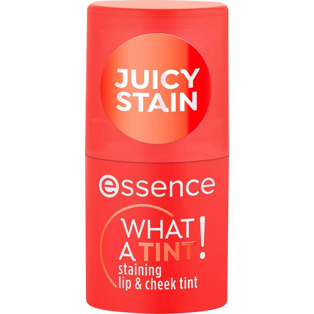 Teinte lèvres et joues Essence. Récipient cylindrique rouge avec "JUICY STAIN" et "WHAT A TINT!" pour lèvres et joues.